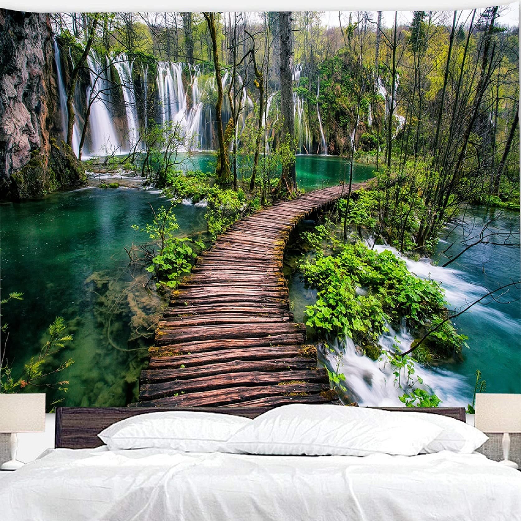 Green Nature Tapestry, Waterfall Rainforest River Wooden Bridge Wall Hanging Tapestry Decor for Living Room Bedroom Home Decoration Tapestries Blanket(Extra large 67.4x110 Inchs(170x280 cm)