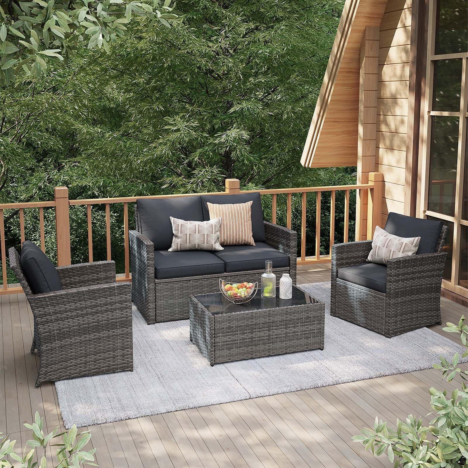 JOIVI 4 Piece Outdoor Patio Furniture Set, All-Weather Wicker Patio Conversation Set, PE Rattan Sofa Set with Loveseat Chair and Tempered Glass Coffee Table, Dark Gray