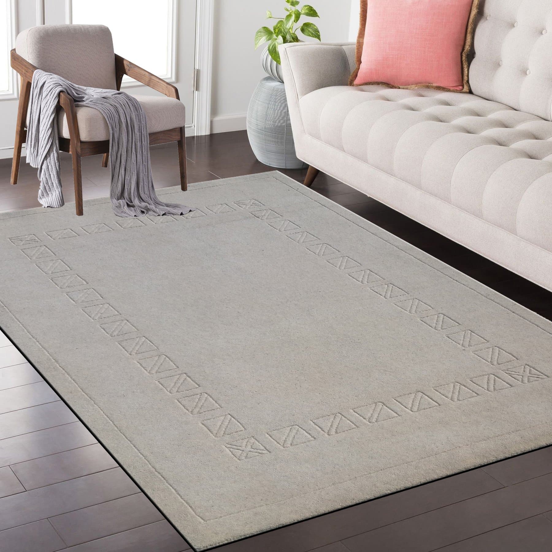 PATHAK CARPET INDUSTRIES Natural Hand Knotted Square Embossed Woollen 4x6 ft Area Rug (Ivory)