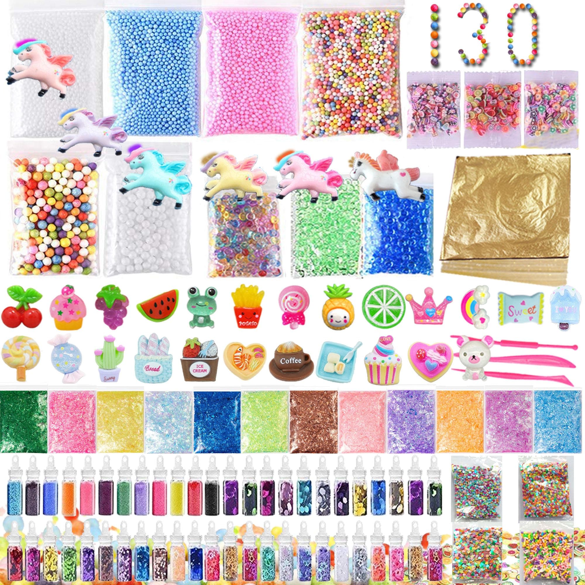 106 Pack Slime Making Kits Supplies,Gold Leaf,Foam Balls,Glitter Shake Jars,Fishbowl Beads,Fruit Slices,Fake Sprinkles,Glitter Sequins Accessories, Slime Tools，Sugar Papers (Slime Kits)