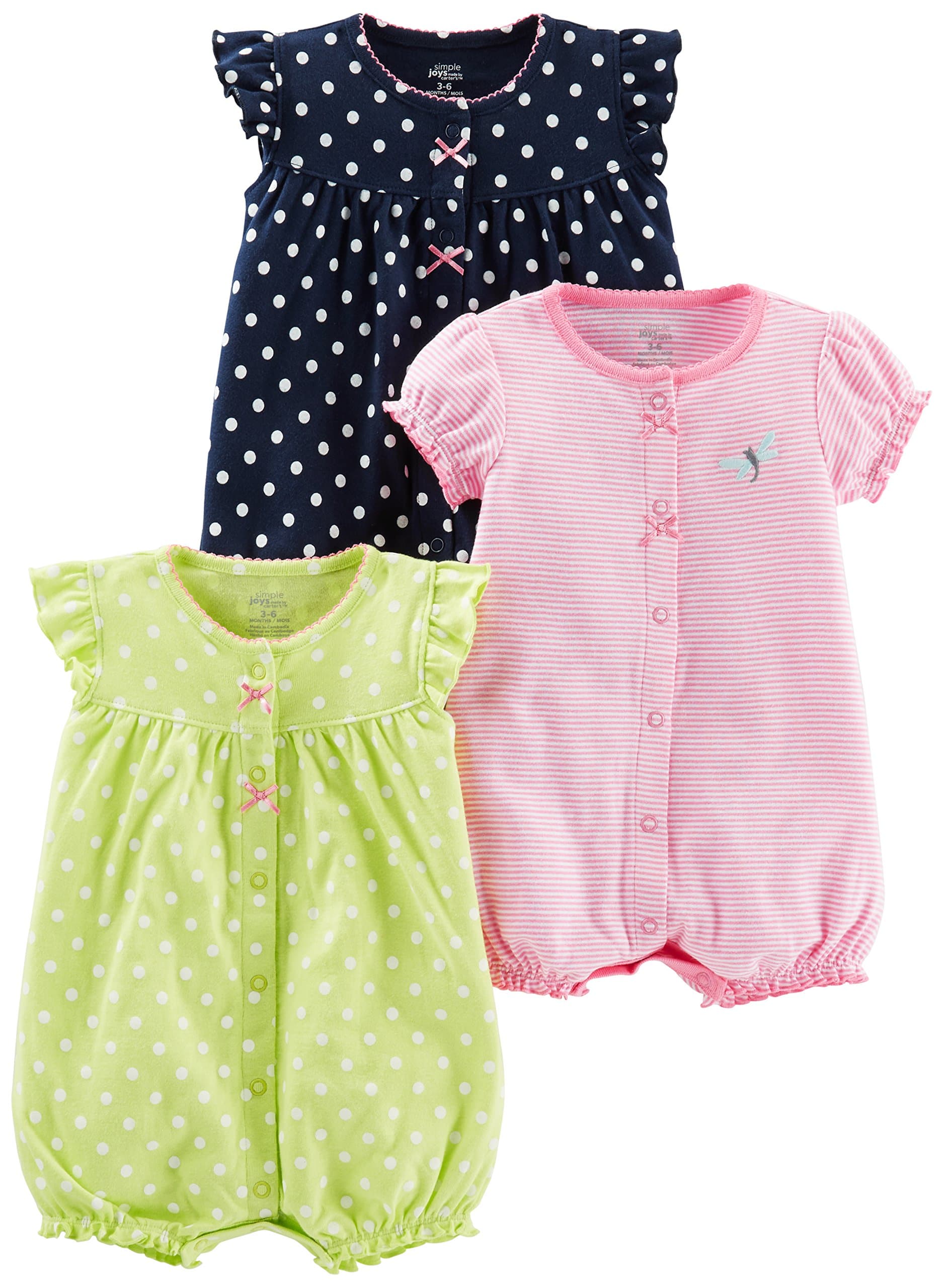 Simple Joysby Carter's Baby Girls' Snap-Up Rompers, Pack of 3