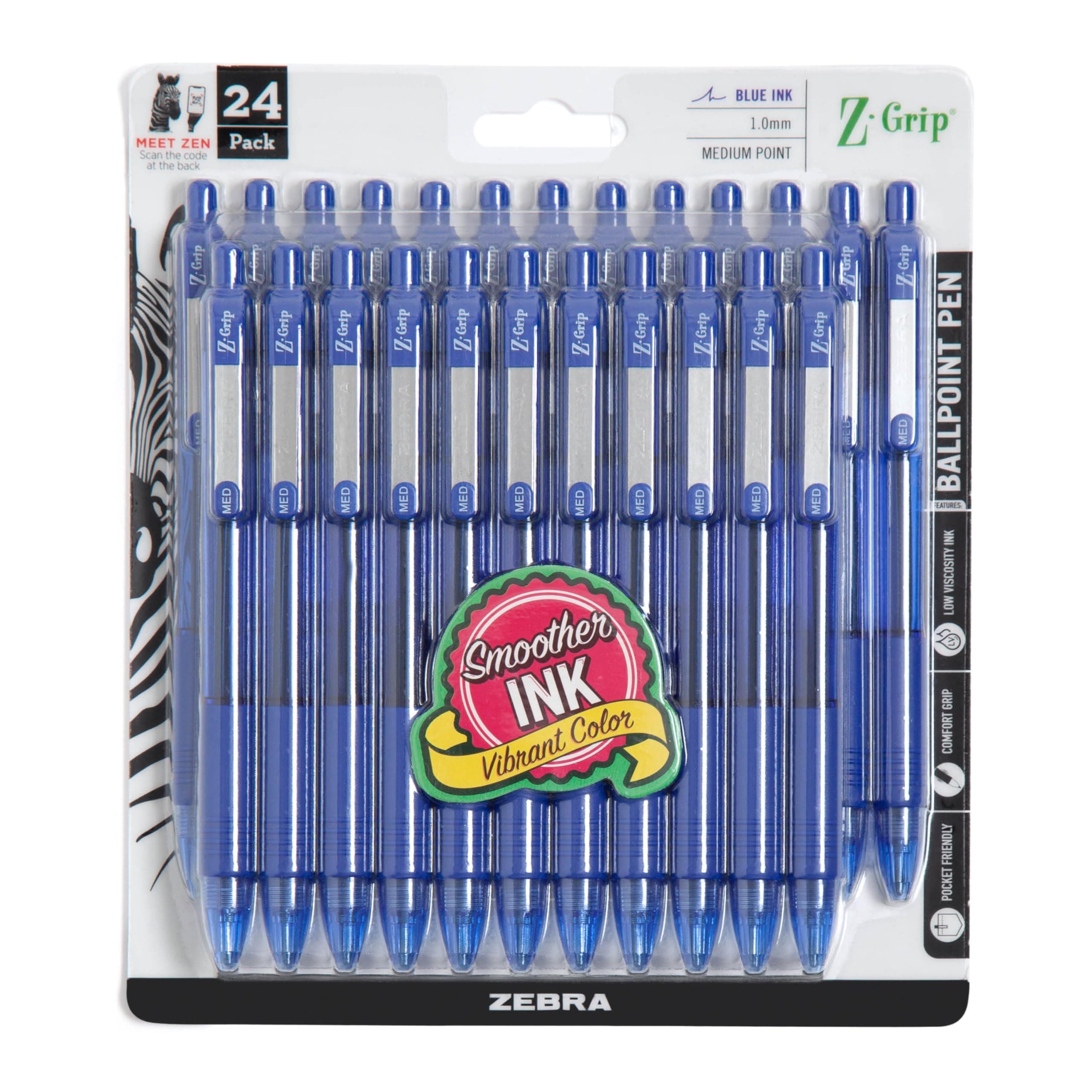 Zebra Pen Z-Grip Retractable Ballpoint Pen, Smooth-Flowing Blue Ink, 1.0mm Medium Point, School & Office Supplies, Ideal for Note-Taking, Journal and Planner Use, 24-Pack (12225)