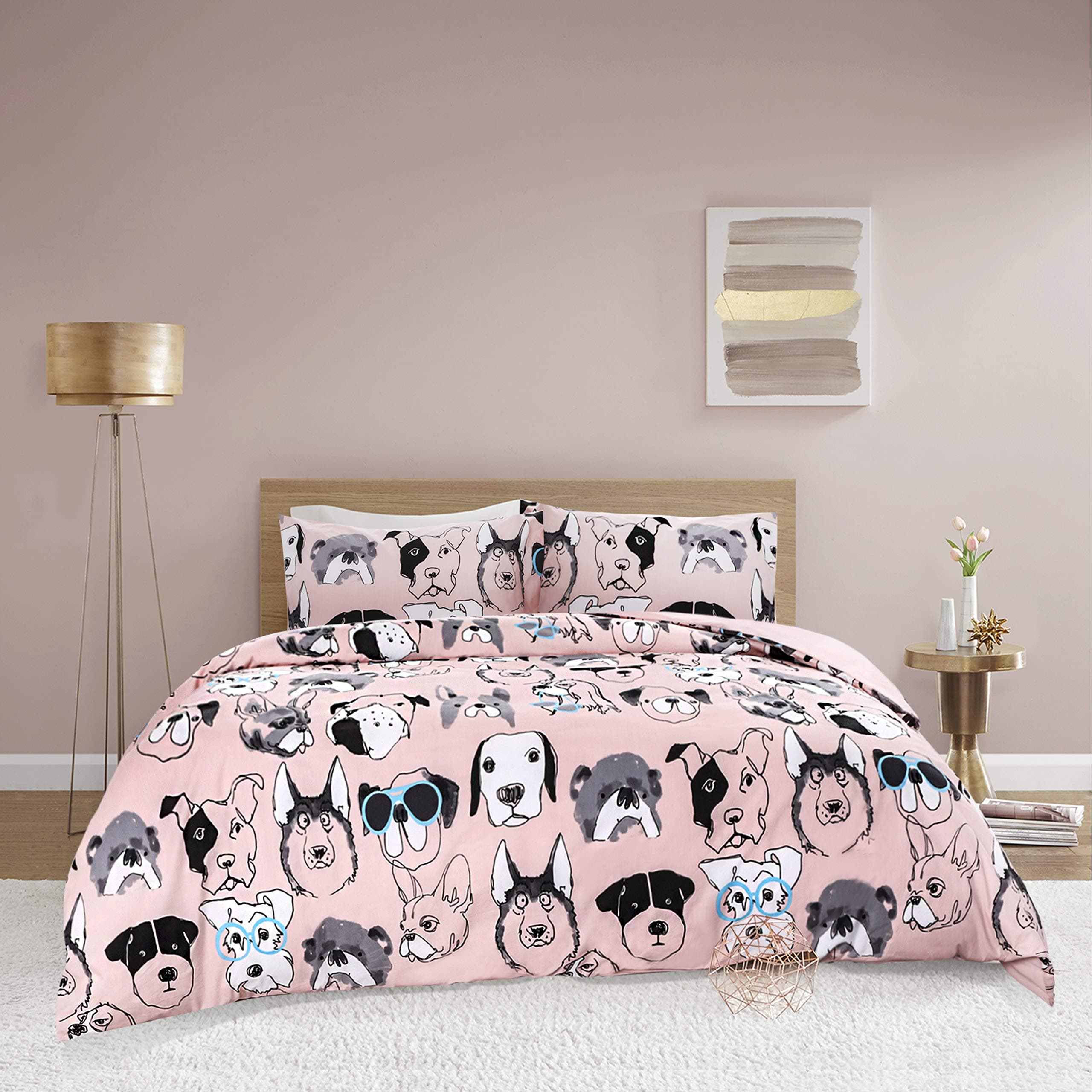 Cool Dogs Printed Duvet Cover Set Double Size - Abstract Hand Drawn Lovely Canine Heads With Warm Pink Background - 3 Pics Ultra Soft Hypoallergenic 100% Cotton Quilt Cover Sets