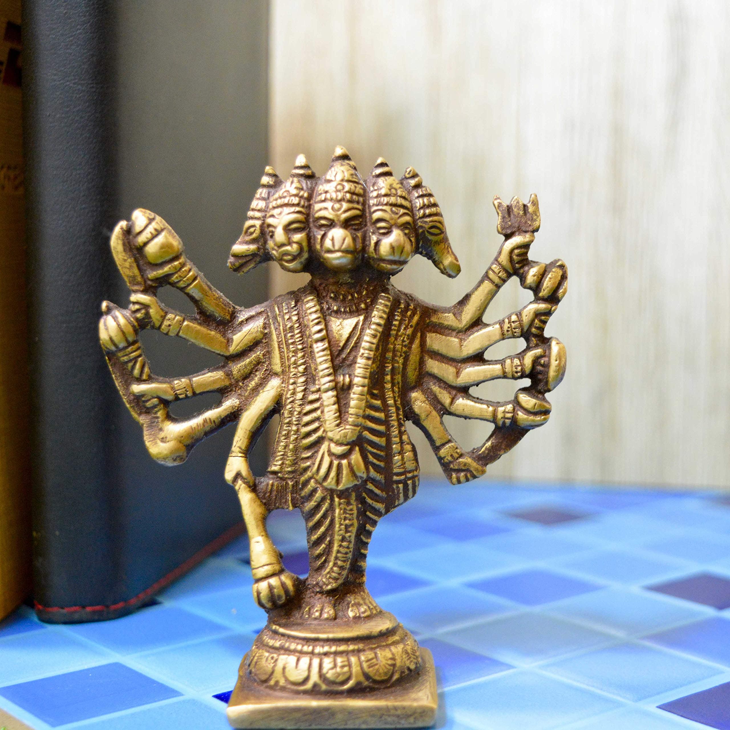 Aakrati Panchmukhi Hanuman ji Vintage Brown 4 Inch God Figurine for Home or Temple and Gift - Metal Brass Gift
