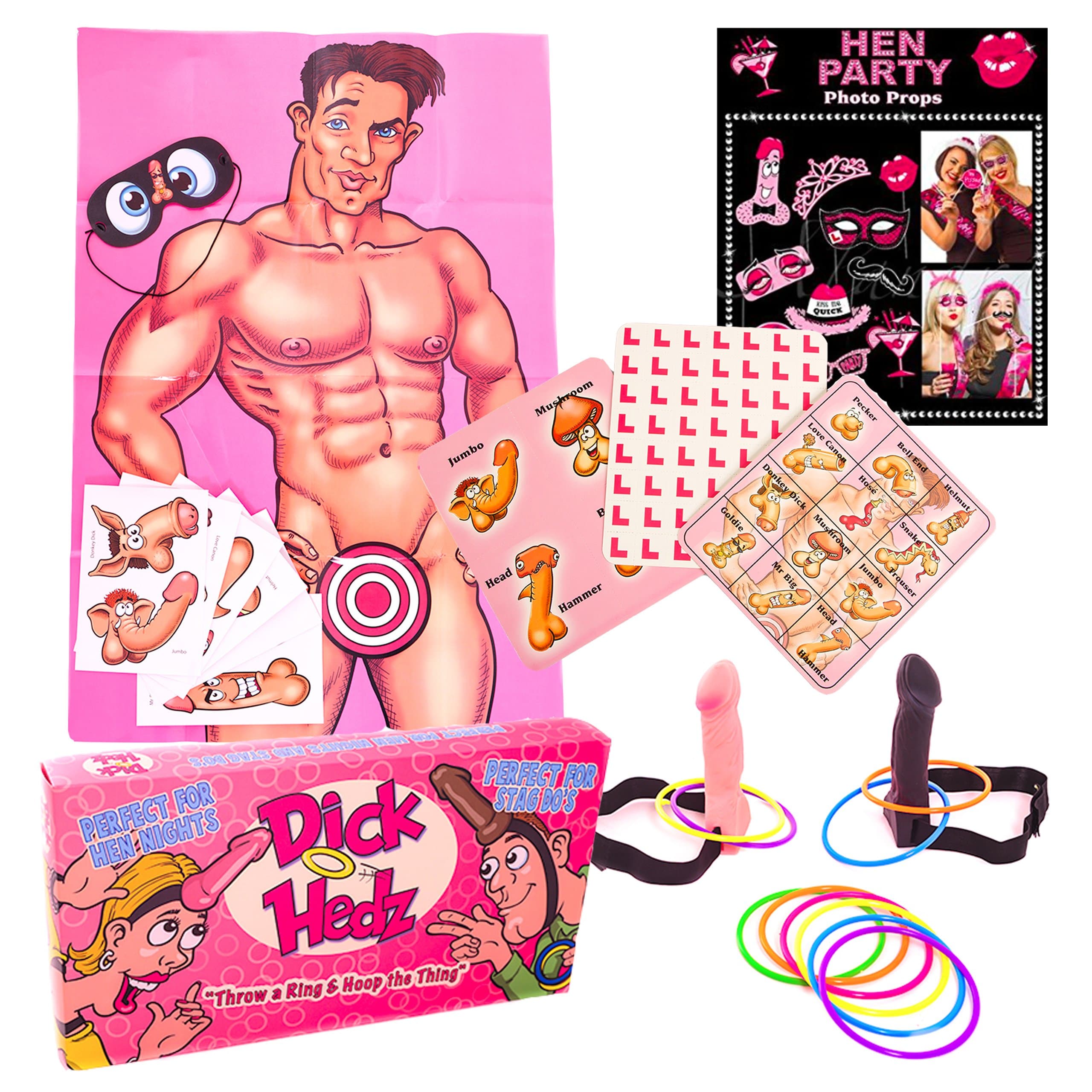 4 Hen Party Games: Pin the Junk on the Hunk / Pin the Willie, Willy Bingo, Dick Head Hoopla, Hen Photo Booth Props