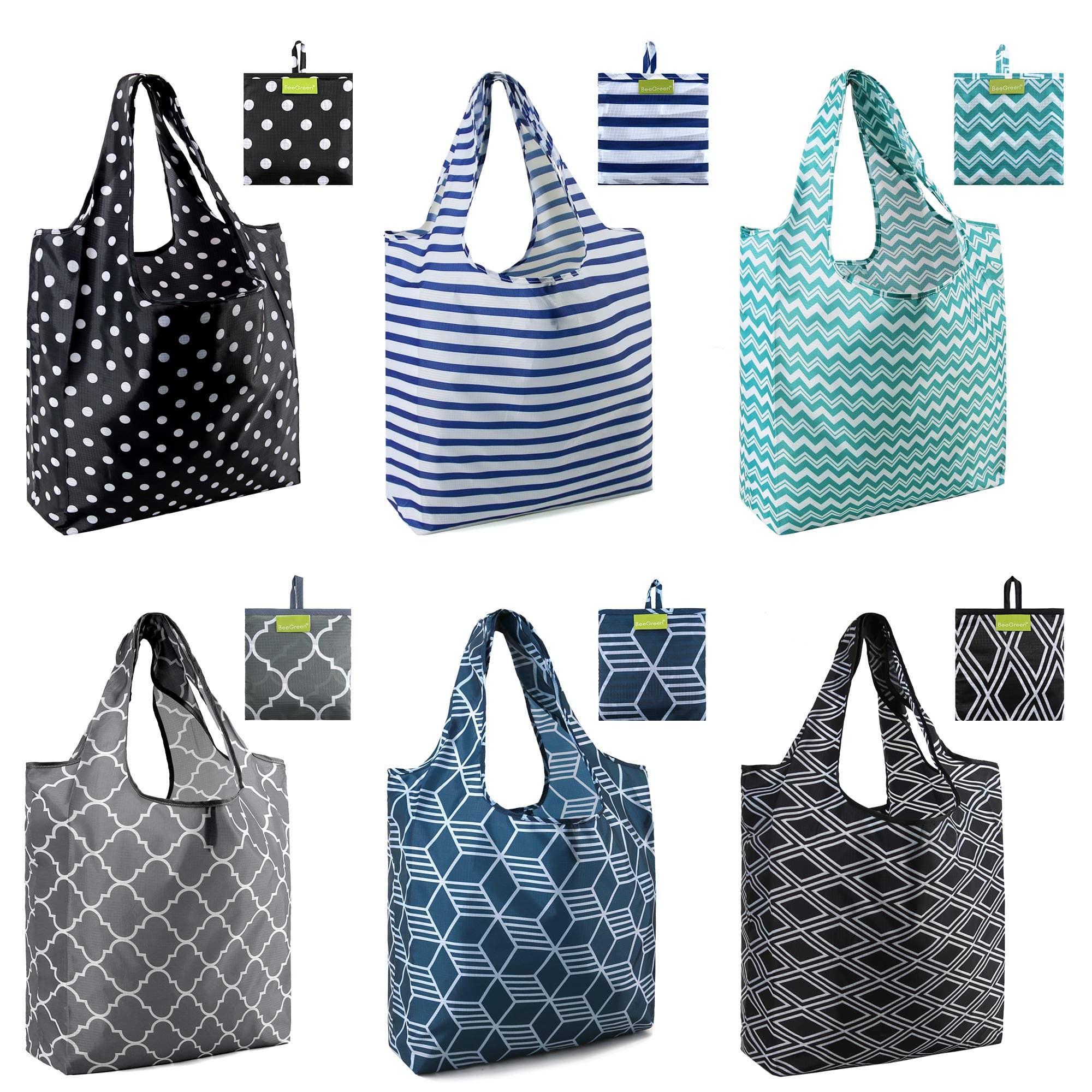 Grocery Bags | Reusable Gift Bags, Large Tote for Women & Foldable Beach Bag - 6 Pack Reusable Bag With Handles | Collapsible Cute Cloth Storage for Market, Holiday & Shopping | Washable