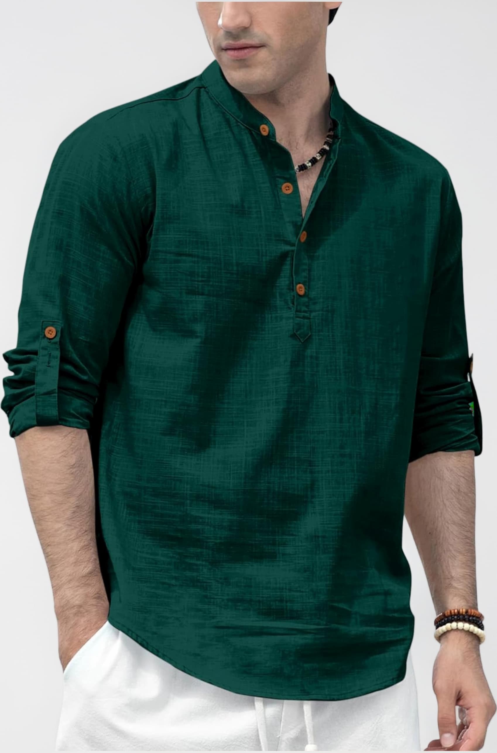 Men's Solid Cotton Polyester Blend Straight Kurta Shirt, Regular Fit Full Sleeve Short Kurta Shirt