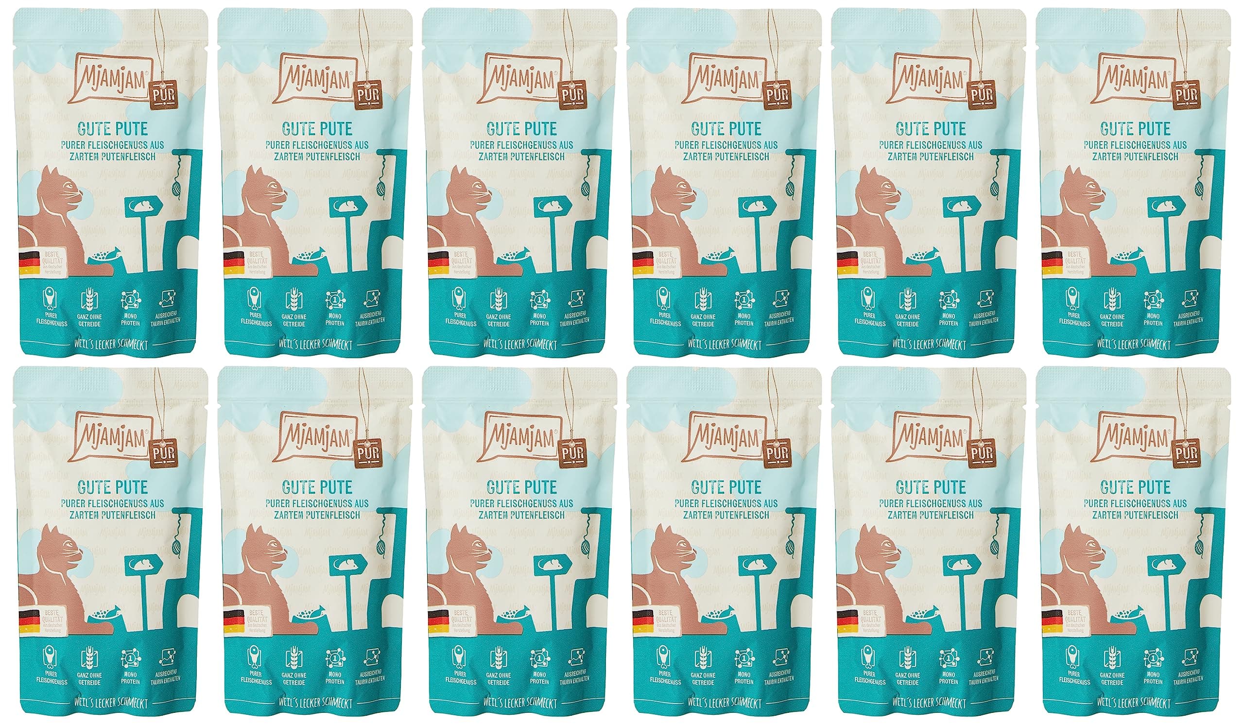 MjAMjAM - premium wet food for cats - Quetschie - pure meat enjoyment - good pure turkey, pack of 12 (12 x 125 g), grain-free with extra meat