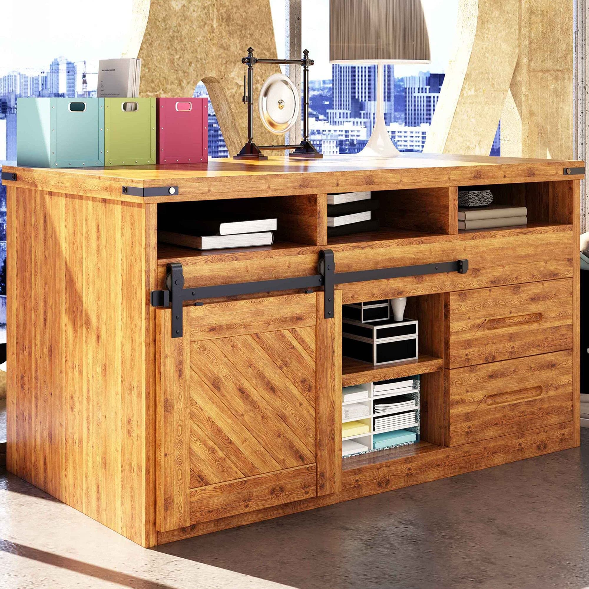 Homacer Mini Black Rustic Non-Bypass Sliding Barn Door Hardware Kit, for One/Single Door, 120-inch Long Flat Track, Classic Design Roller, Cabinet TV Stand Console Use…