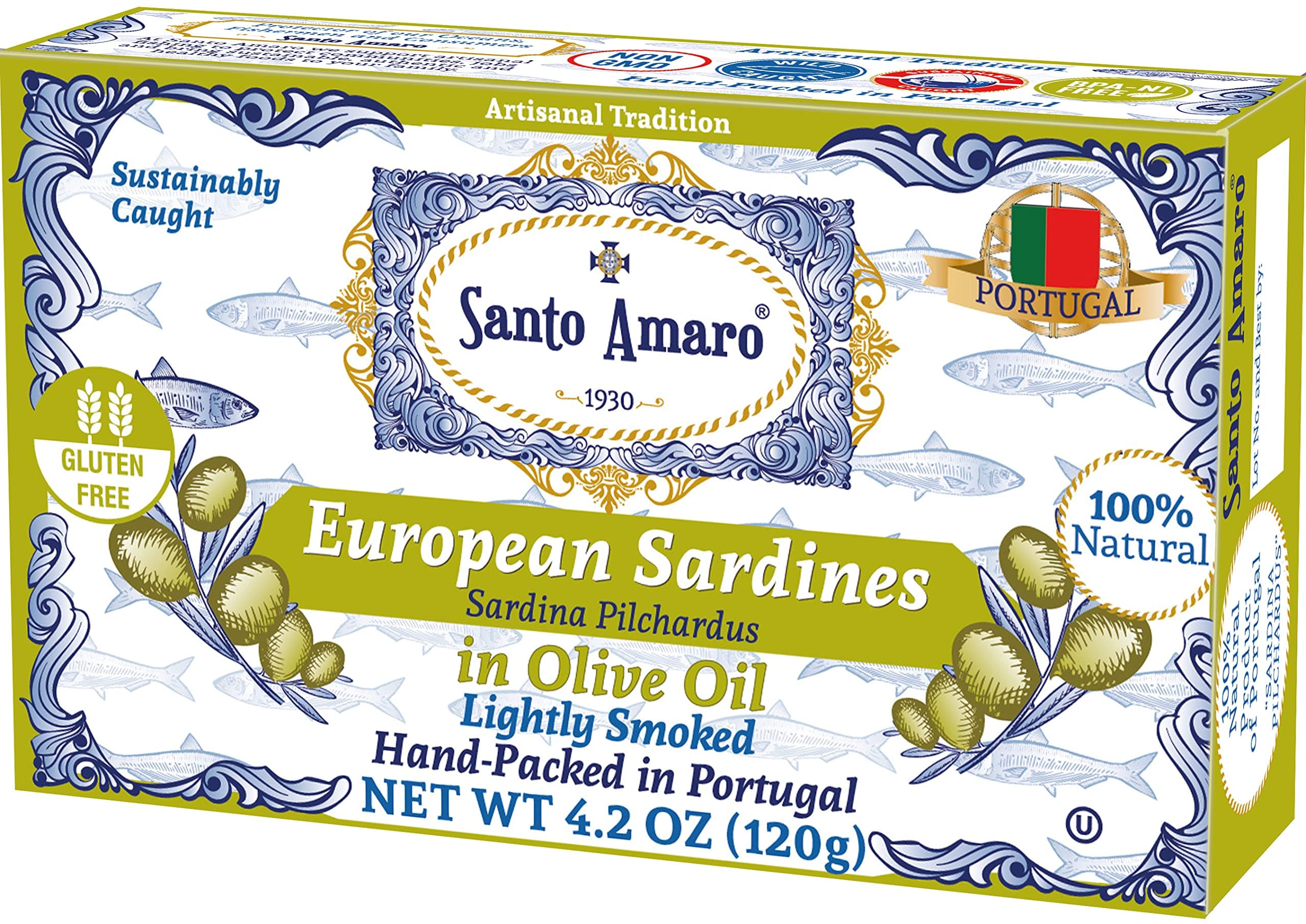 Santo Amaro - Authentic European Sardines in Olive Oil, Hand-Packed Canned Sardines from Portugal, Wild Caught Sardines in Virgin Olive Oil, Lightly Smoked, 20g Protein, Keto, Paleo, Dash, Pack of 6