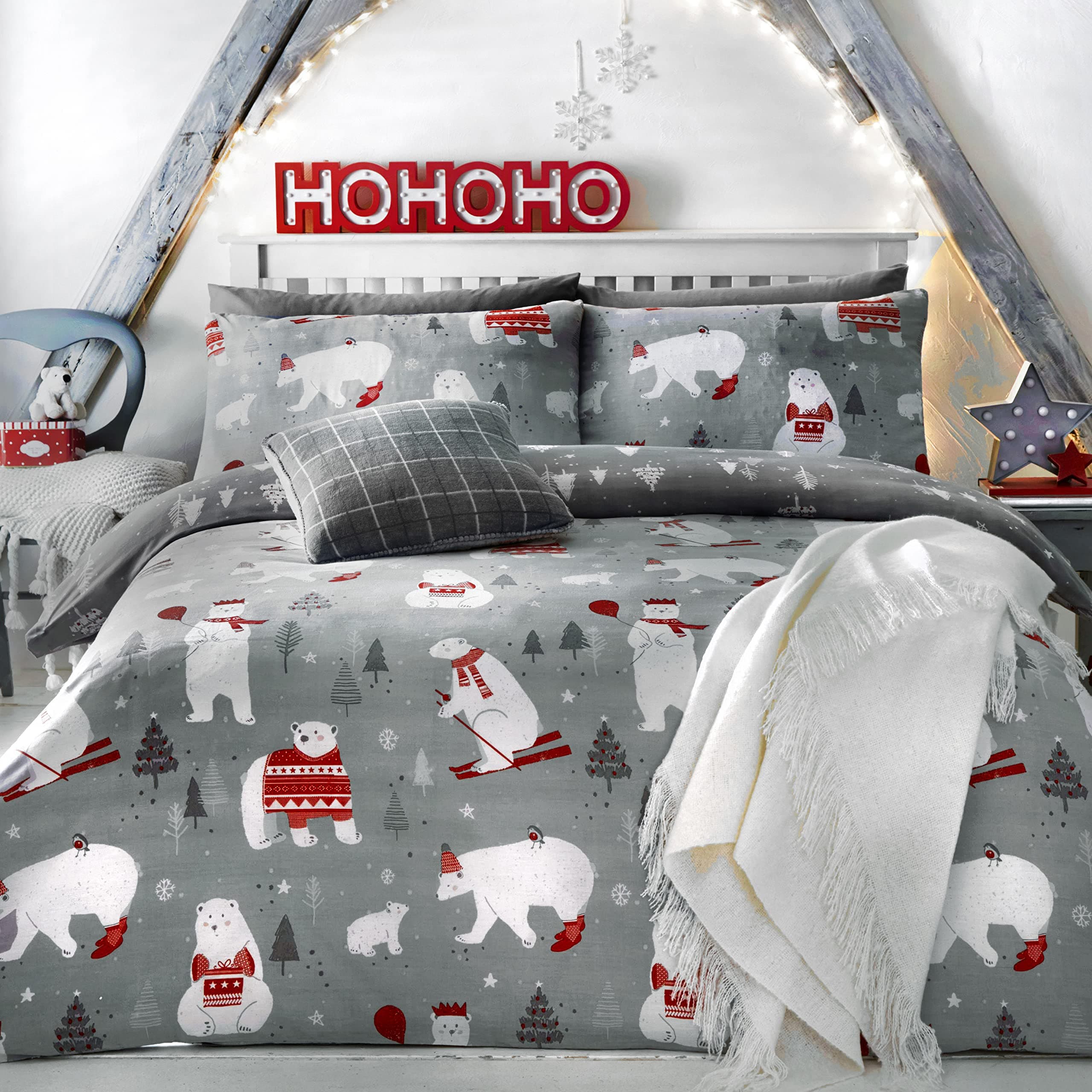 Bedlam Polar Bears-Easy Care Duvet Cover Set, Polycotton, Silver, King