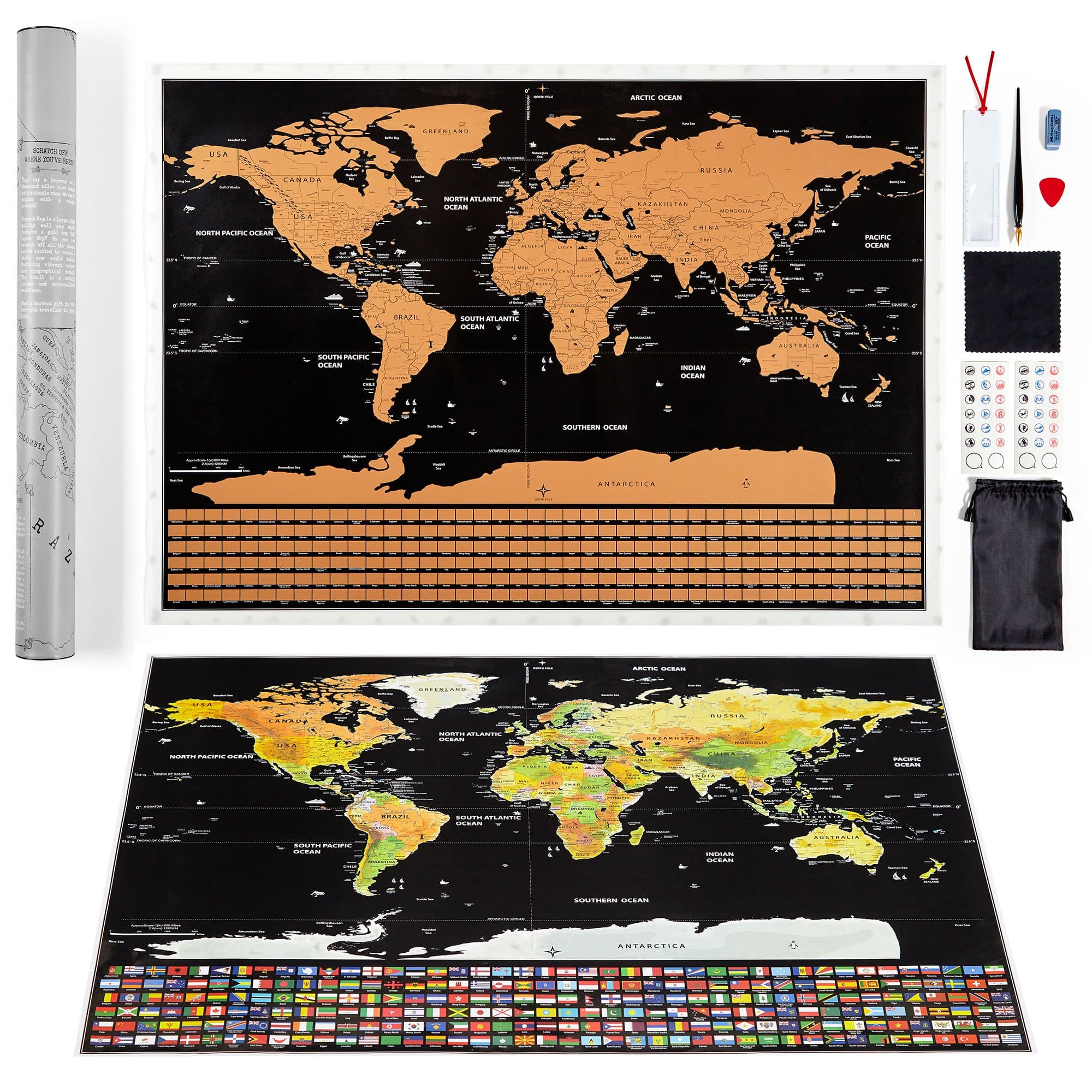 LETO TG Scratch Off World Map Personalised Travel Tracker Poster - Black & Gold with US States, World Countries & Scratch Off Flags + Tools for Easy Erasure for Travelers