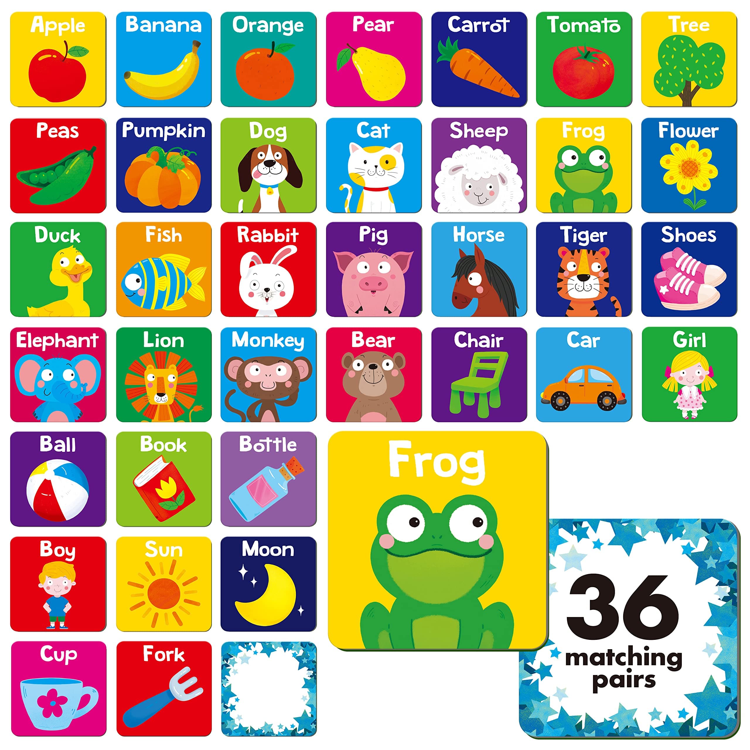 Memory Matching Game, 72 PCS First Words Matching Cards for Toddlers 36 Pairs Memory Cards Educational Toys for Preschool 4 5 6 Years Old