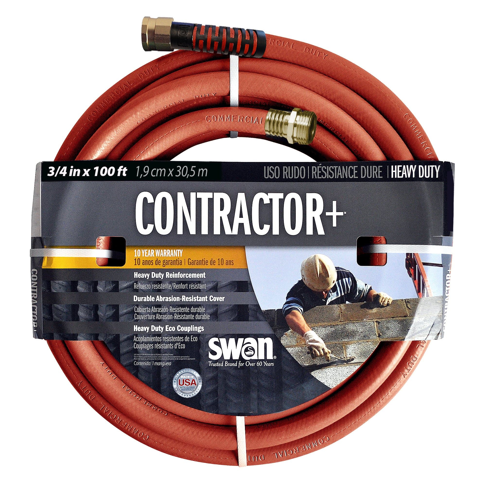 SWANProducts SNCG34100 CONTRACTOR+ Commercial Duty Clay Water Hose with Crush Proof Couplings 100' x 3/4", Red