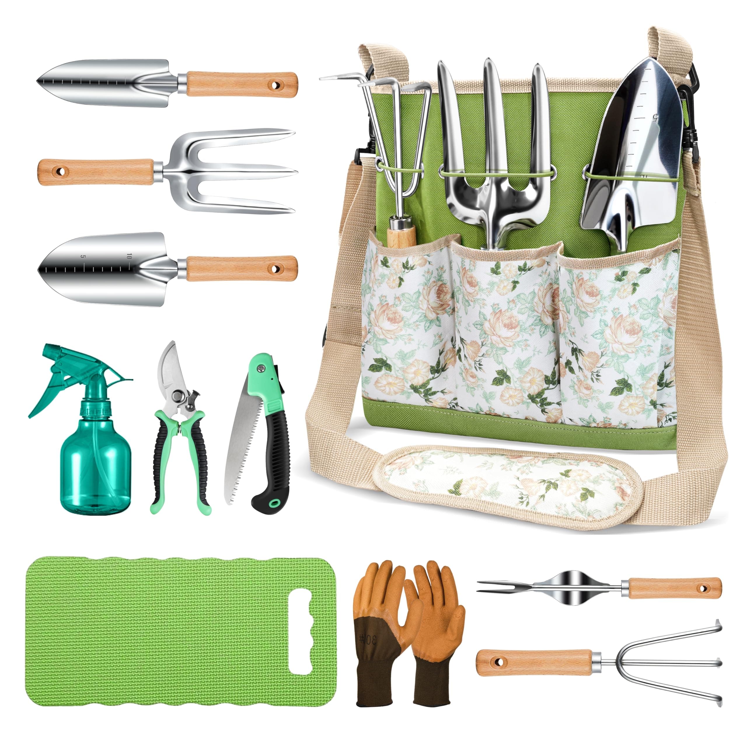 All-in-One Garden Tool Set, 11-Piece Heavy Duty Gardening Tools with Ergonomic Canvas Shoulder Crossbody Bag, Rust-Proof Premium Garden Tool Kit, Gardening Gift for Women Men
