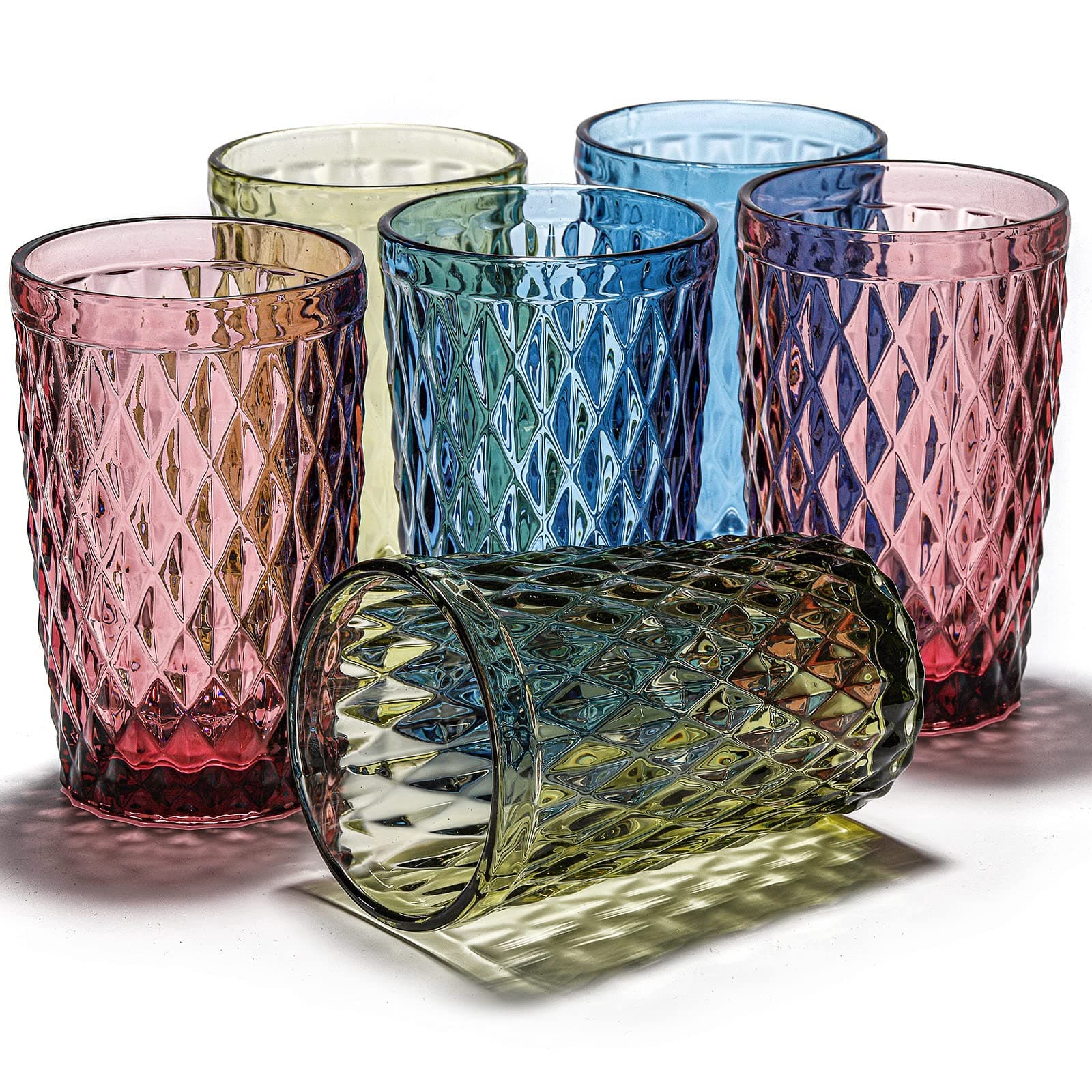 Set of 6 Colored Drinking Glasses, 12oz Embossed Tumblers with Heavy Base, BPA-Free, Vintage Glassware Set for Wedding or Parties