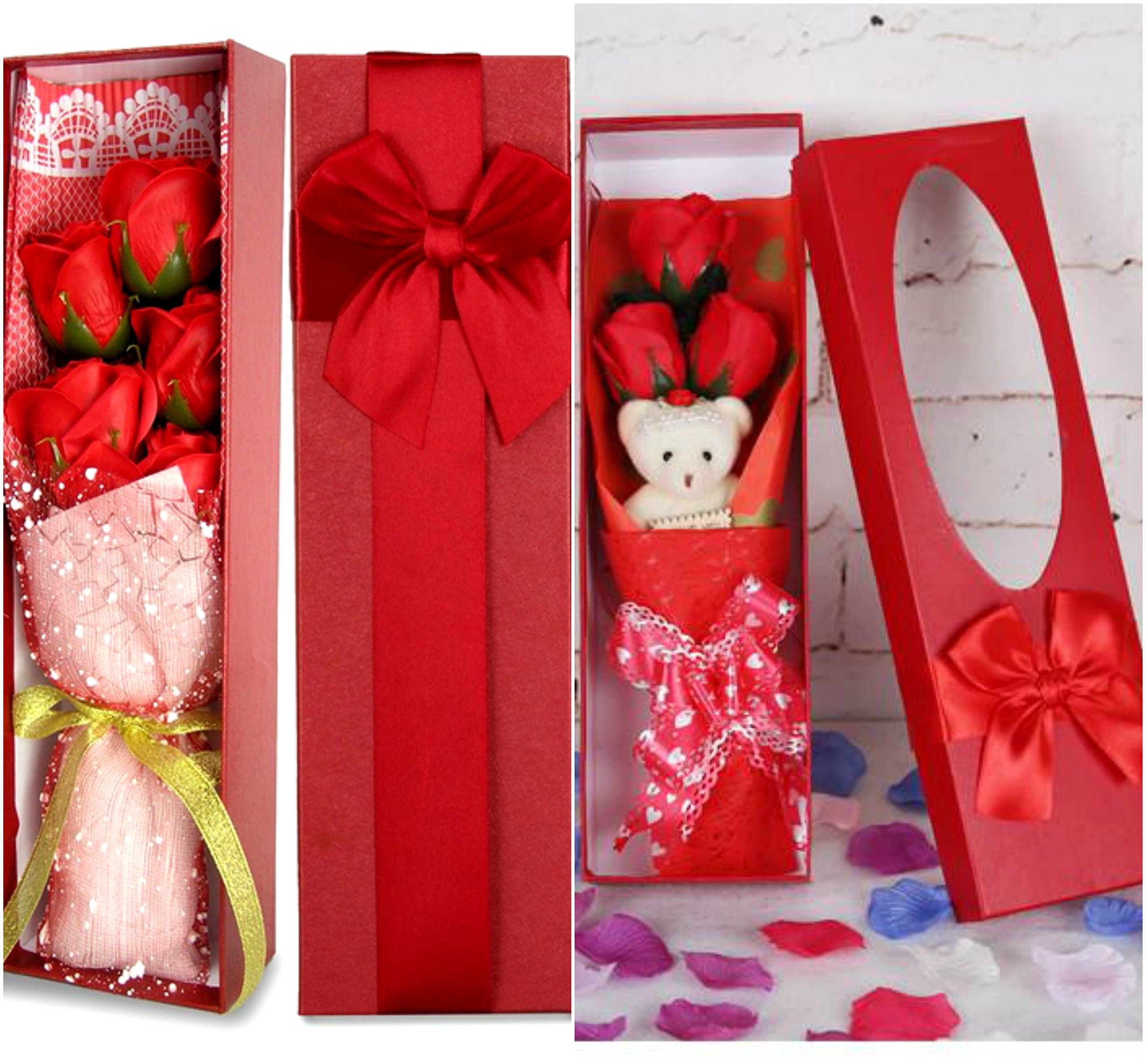MIRADH Combo of Romantic Red Flower Bouquet Scented Roses Box with Cute Teddy Bear