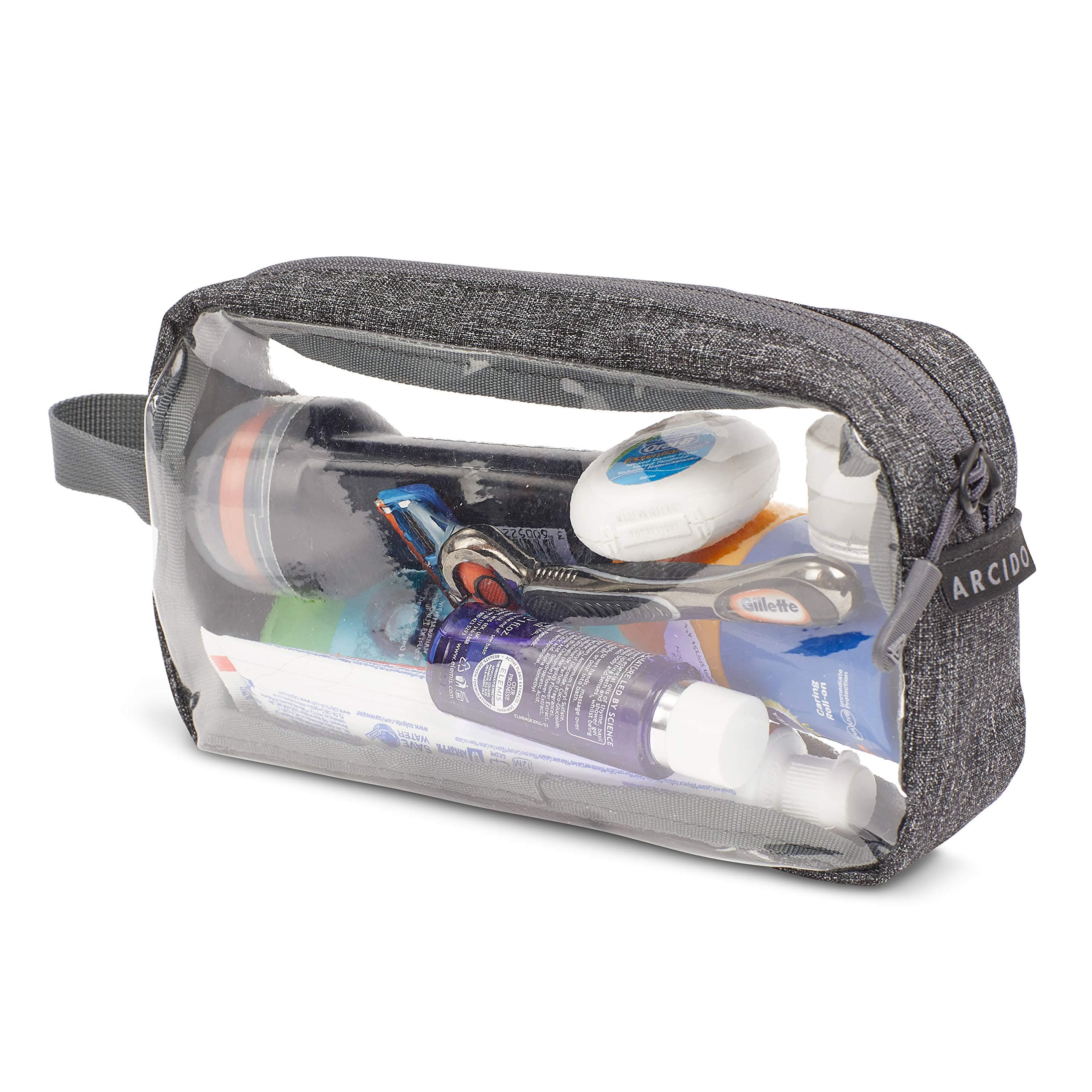 HoneyJar Arcido Transparent Washbag - Airport TSA Compliant Security Compatible 20cm Cosmetics/Liquids Bag with Grey Canvas and Waterproof Zip