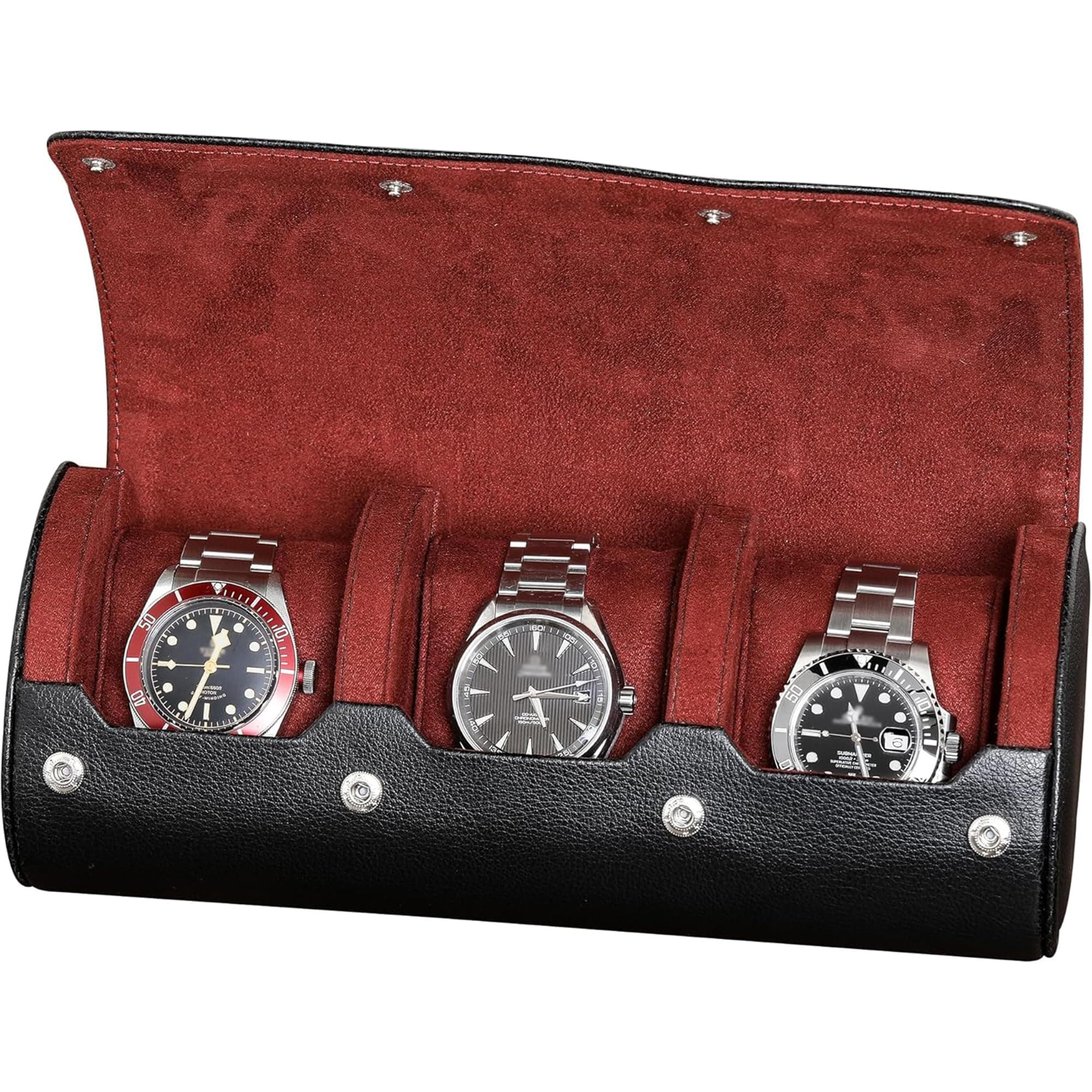 ROTHWELL Watch Roll Travel Case for 3 Watches | Tough Portable Protection, Fits All Wrist Watch & Smart Watches Up to 50mm (Black/Red)