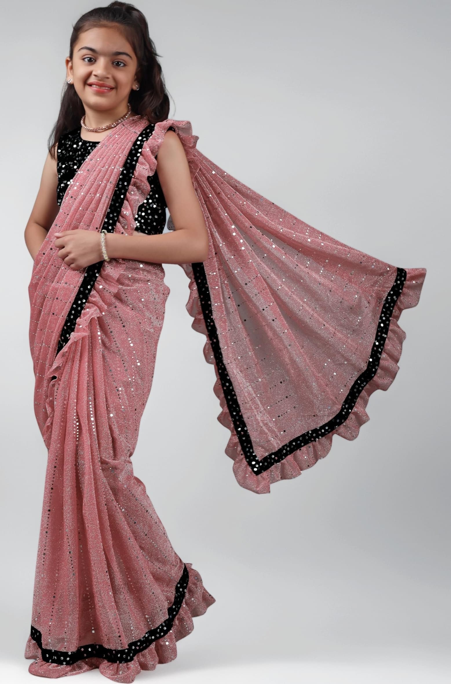 Kids Girls Lycra Blend Saree With Unstitched Sequence Blouse Piece (3-4 yrs to 11-12 yrs) (Pink, 4-5 Years - S)