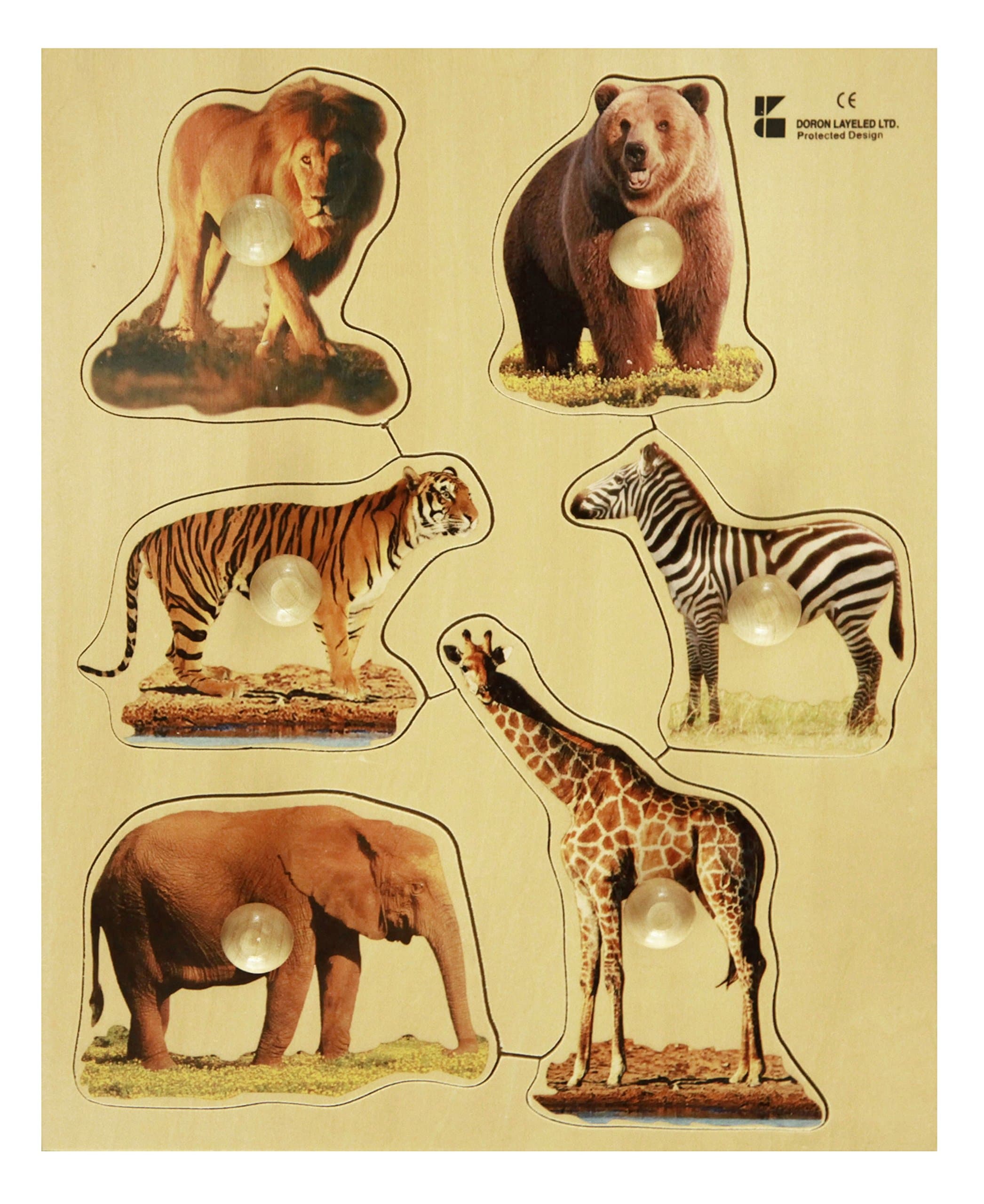 Doron Layeled E72510220, Large Photographic Wooden Peg Puzzle-Wild Animals