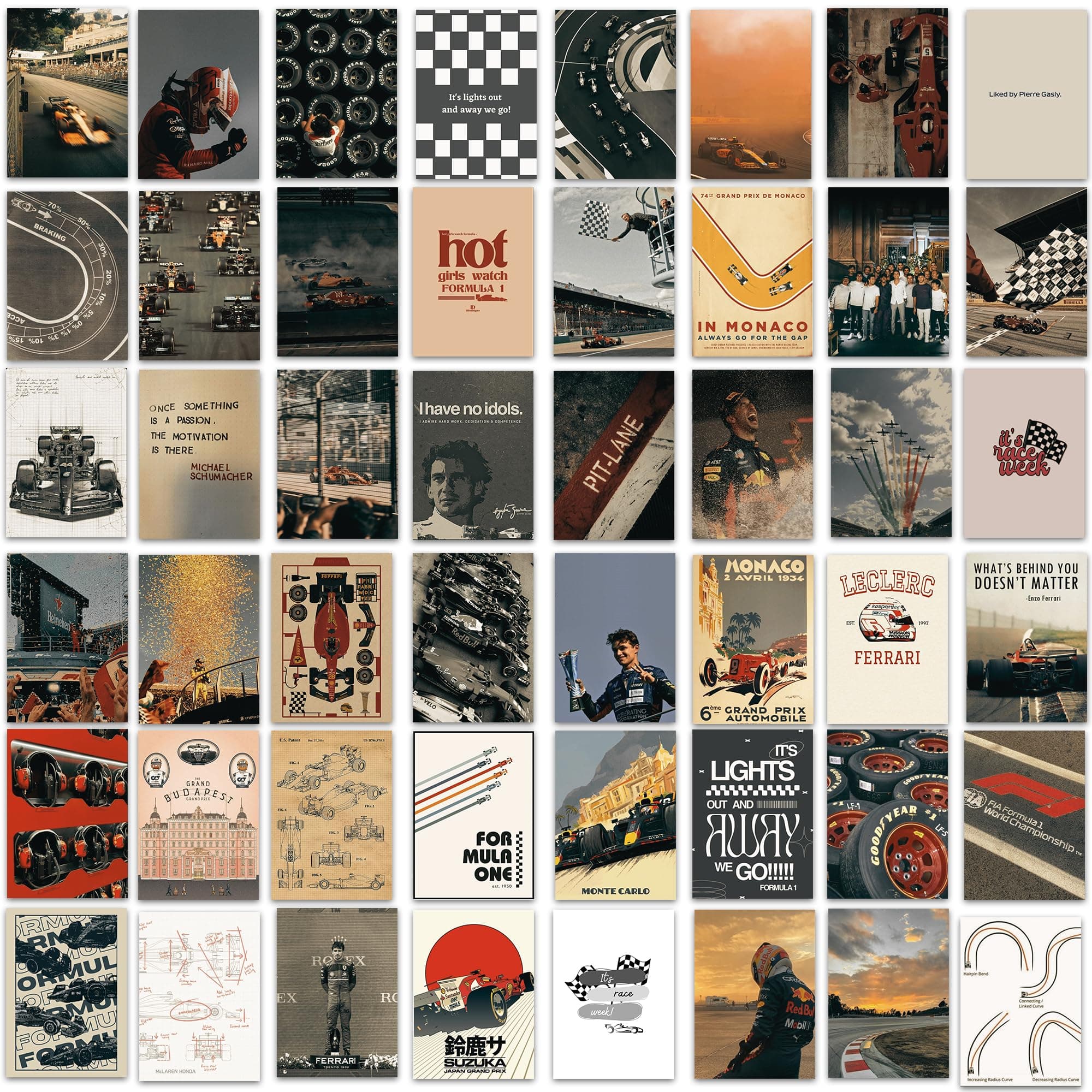 Formula 1 Poster Wall Art Collage Kit - 48 Pcs F1 Car Racing Decor Photo Collage - Best Gifts For F1 Fans, SPort Car Wall Art Prints - Living Room Or Office Decorations 4x6 UNFRAMED