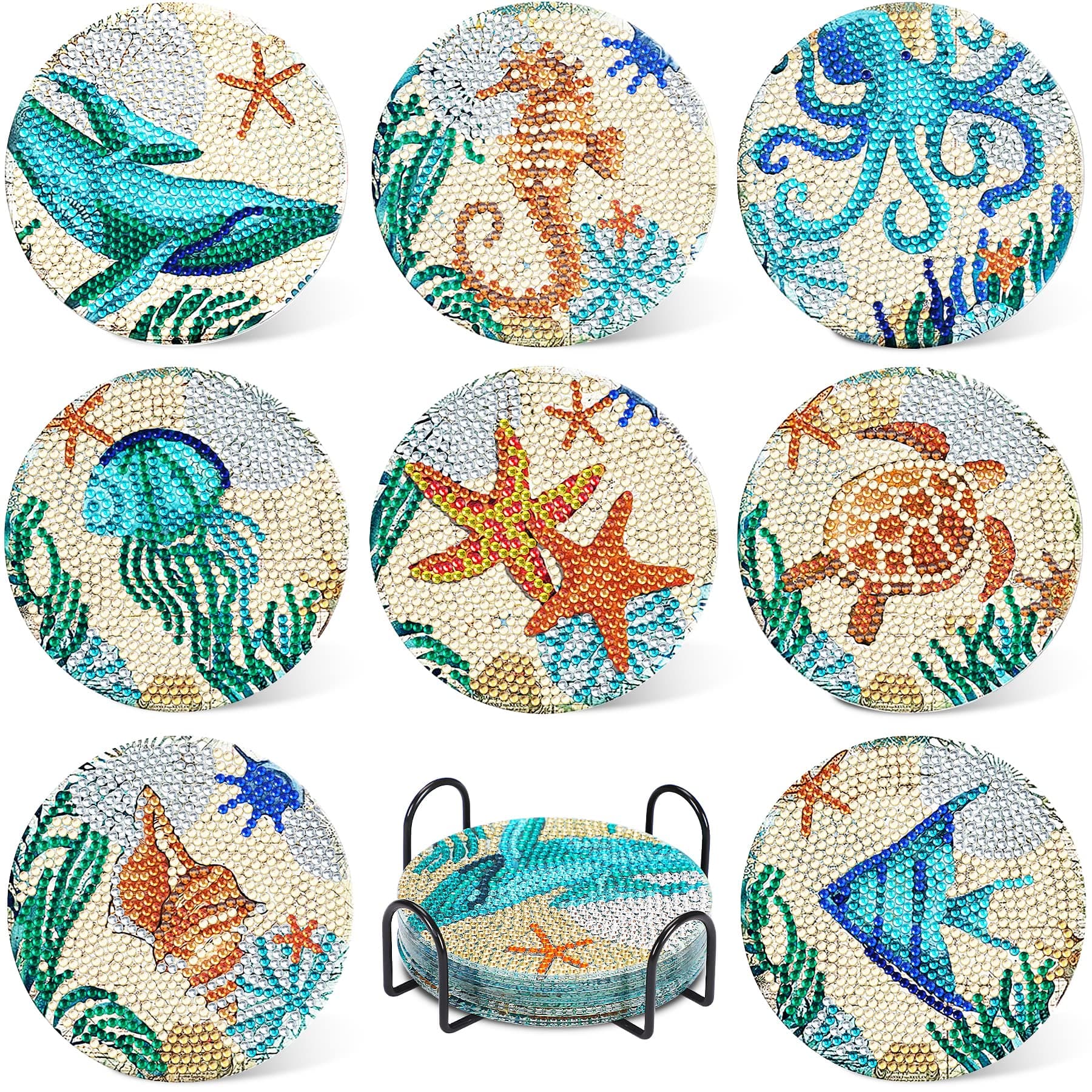 UPINSOcean Diamond Art Painting Coaster Kit, 8Pcs DIY Crafts Kit with Holder, Non Slip Coaster Art Supplies for Adults, Ideal Christmas Gift