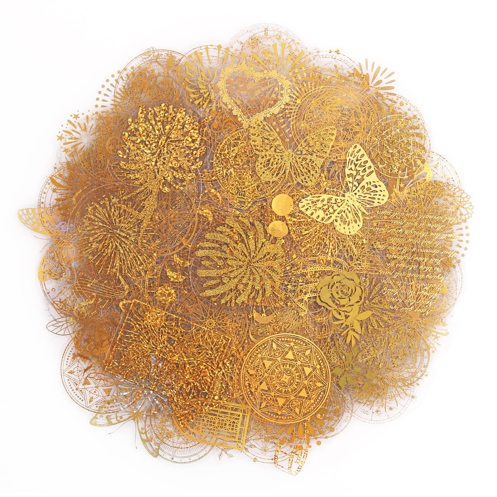 Dizdkizd Die Cut Golden Holographic Stickers, 360-Piece Glitter Translucent Decorative Decals PET Self-Adhesive Scrapbooking Supplies Set for Craft Projects Photo Album Laptop Resin Art