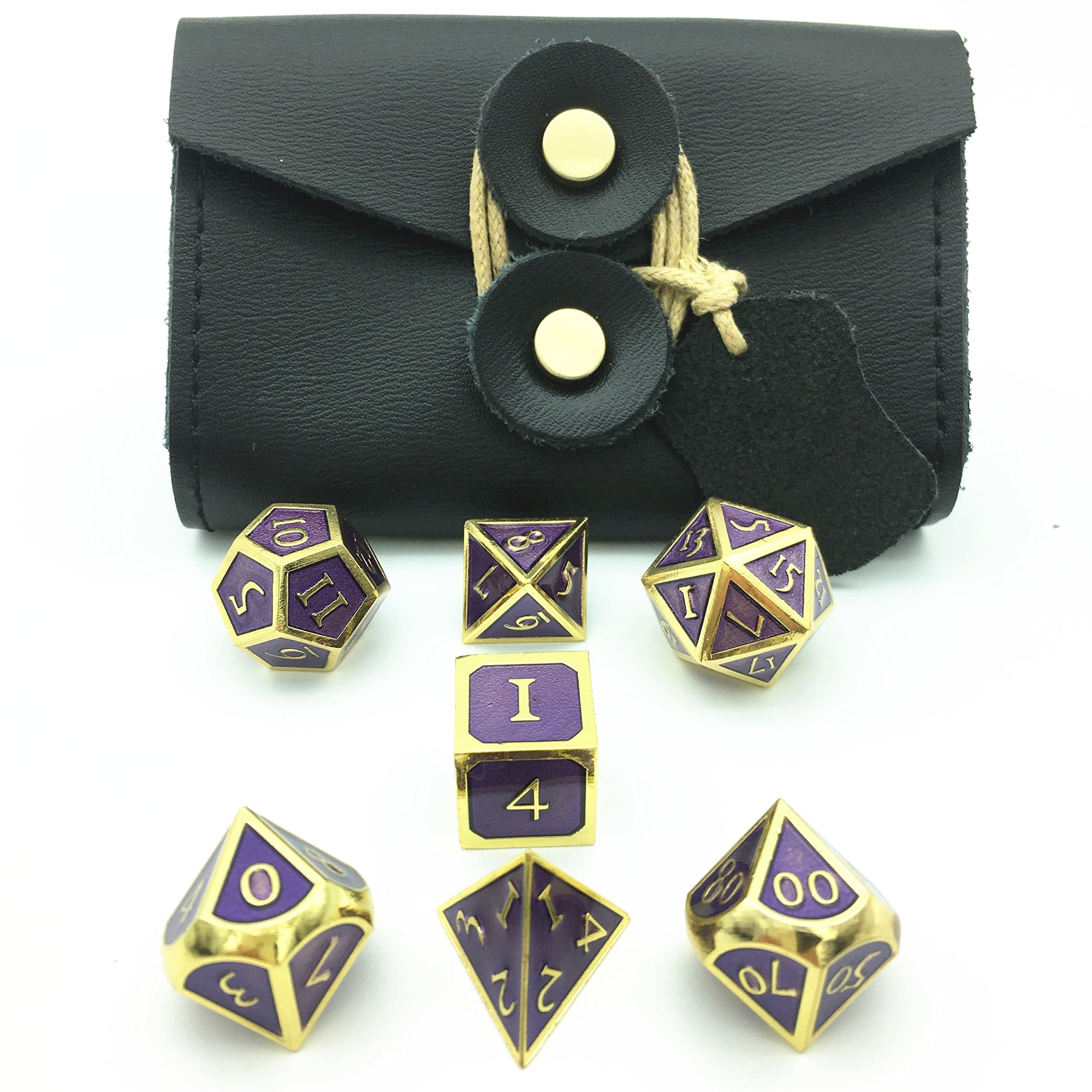 Momostar Metal Polyhedral Dice Set, Delicate Leatherette Box & Cleaning Cloth. Great for RPG, D&D. -Golden & Lavender Background Color.