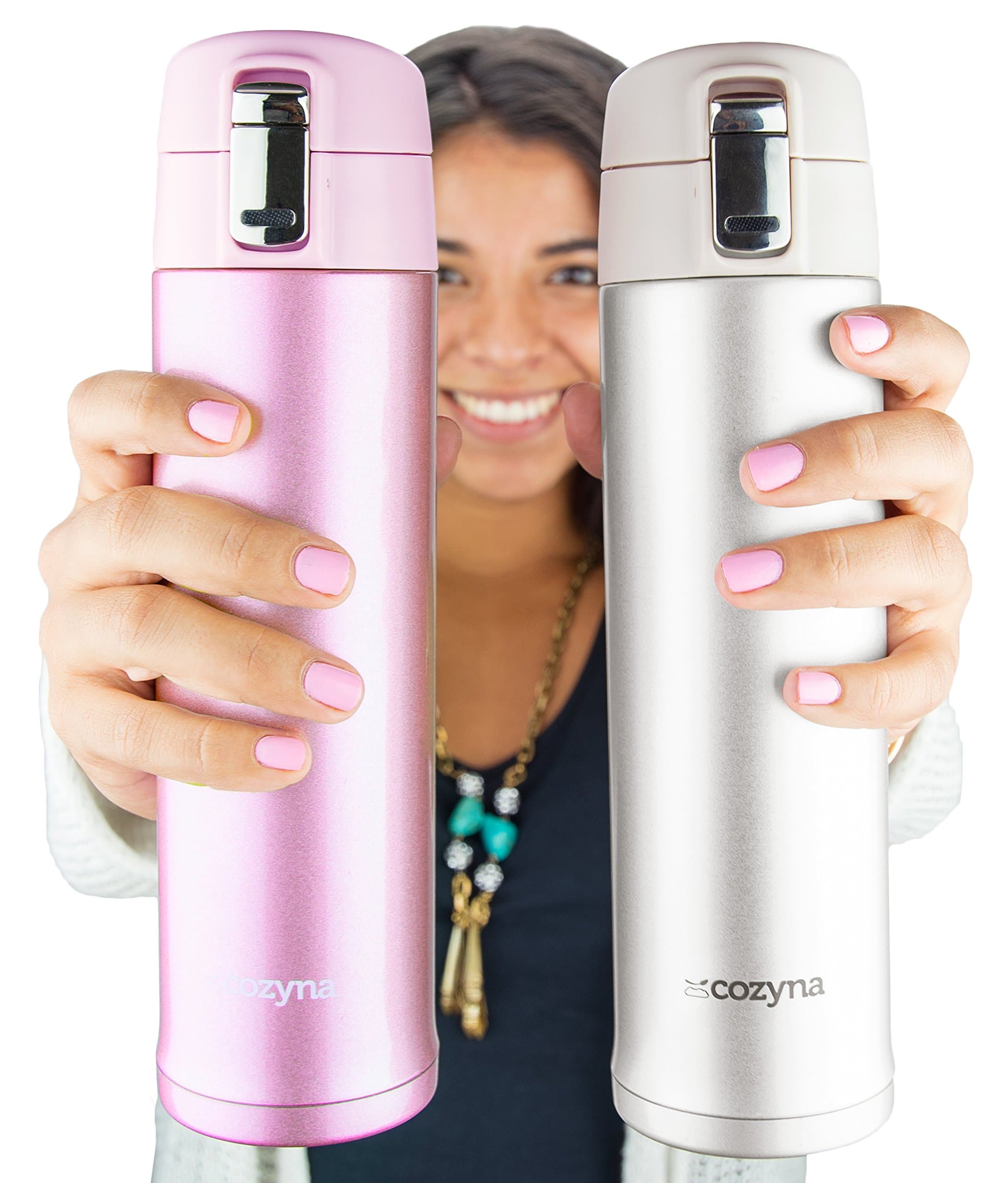 Insulated Travel Mug for Coffee And Tea by Cozyna, Stainless Steel, 16 oz, Pink and Cream