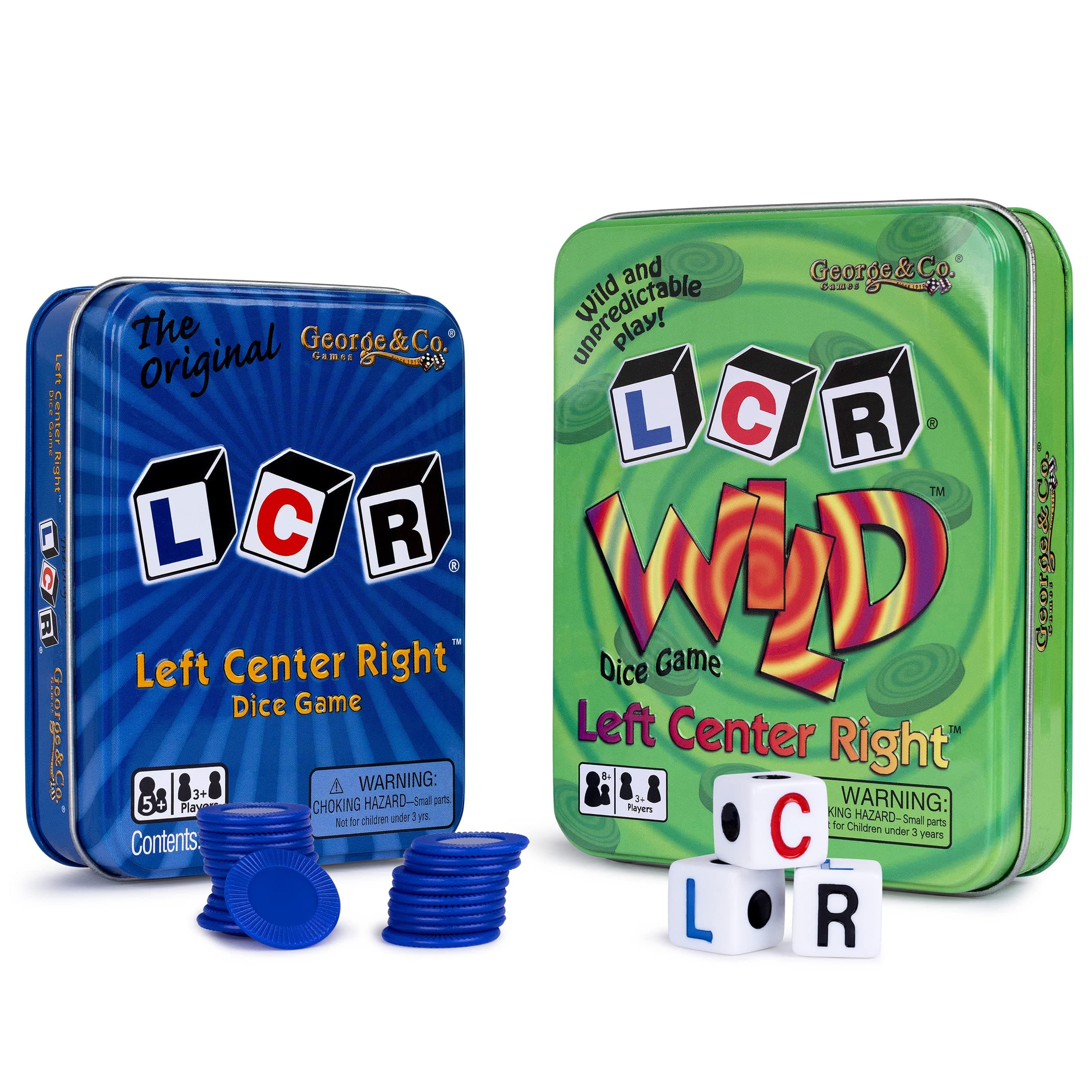 LCR (Left Right Center) Dice Game in Blue Tin & LCR Wild Dice Game in Green Tin Gift Set Bundle - 2 Pack