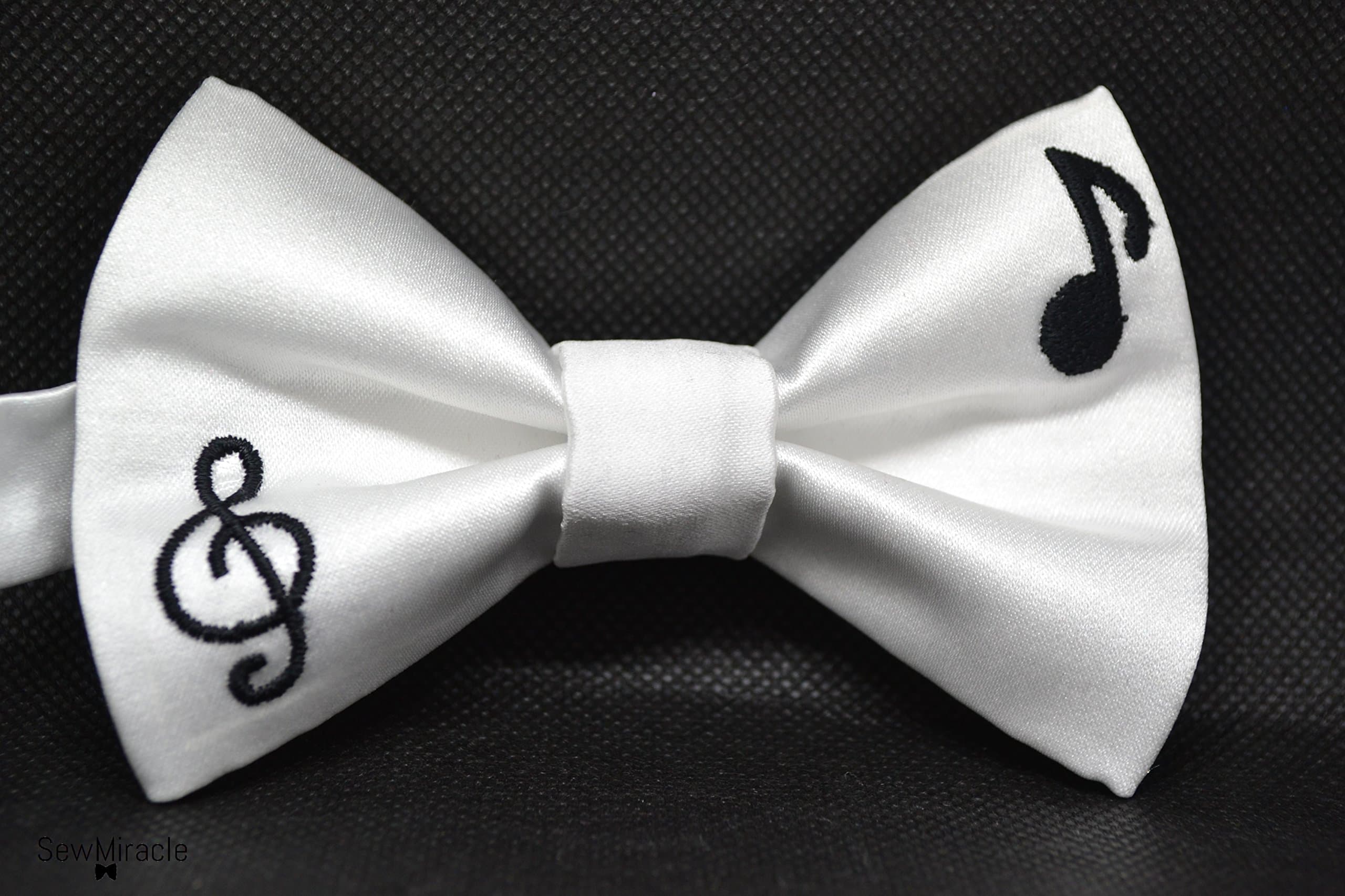 Mens emroidered Bow tie - Music bow tie - Treble Clef- Gift for men - Gift for musician-Teacher- Men's accessory - Music notes -White -Black