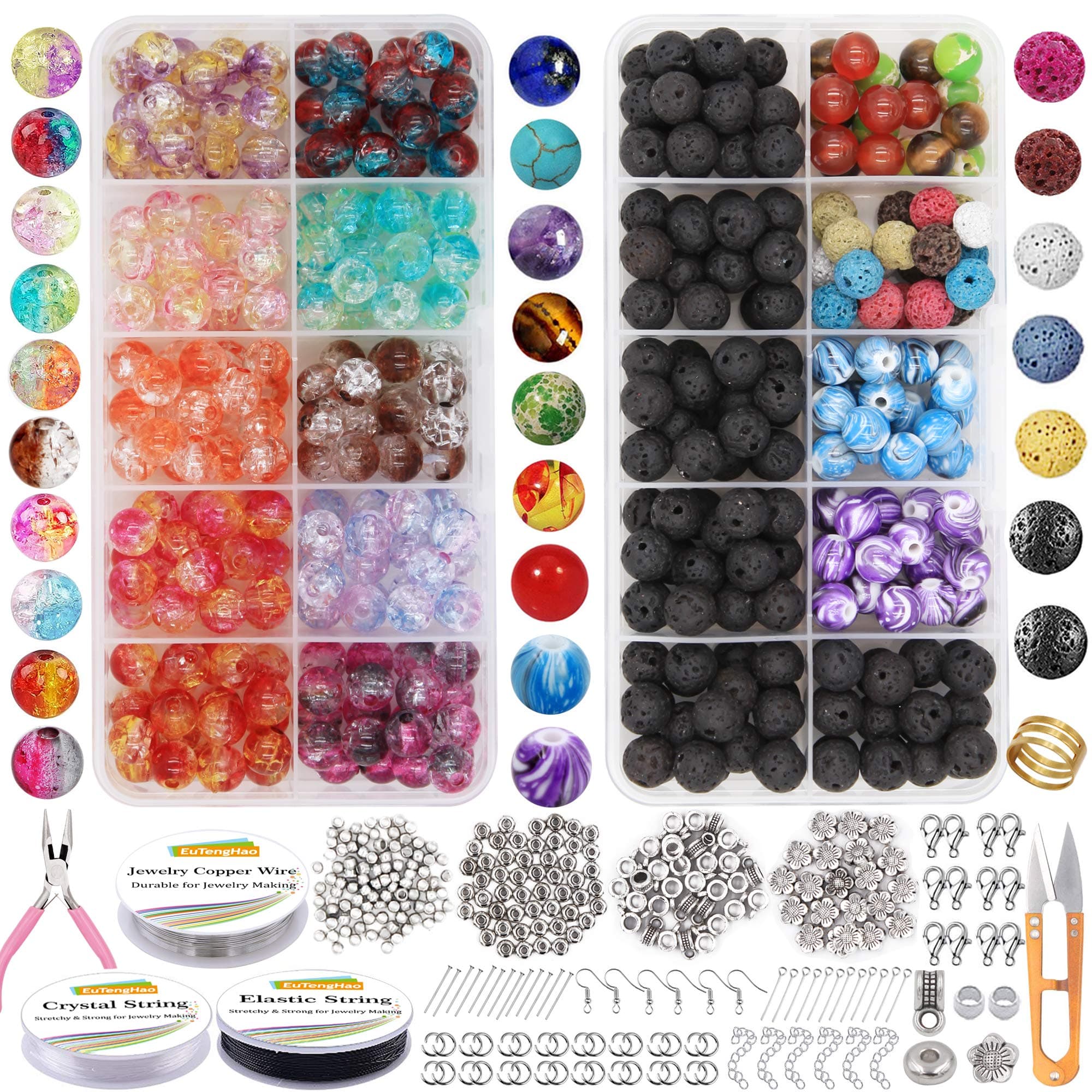 EuTengHao 878Pcs Lava, Chakra, Glass Crackle Beads Kit with Spacer Beads, Jump Ring Jewelry Findings for Diffuser, Essential Oils, Yoga Bracelets, Earrings, Necklace DIY Jewelry Making Supplies