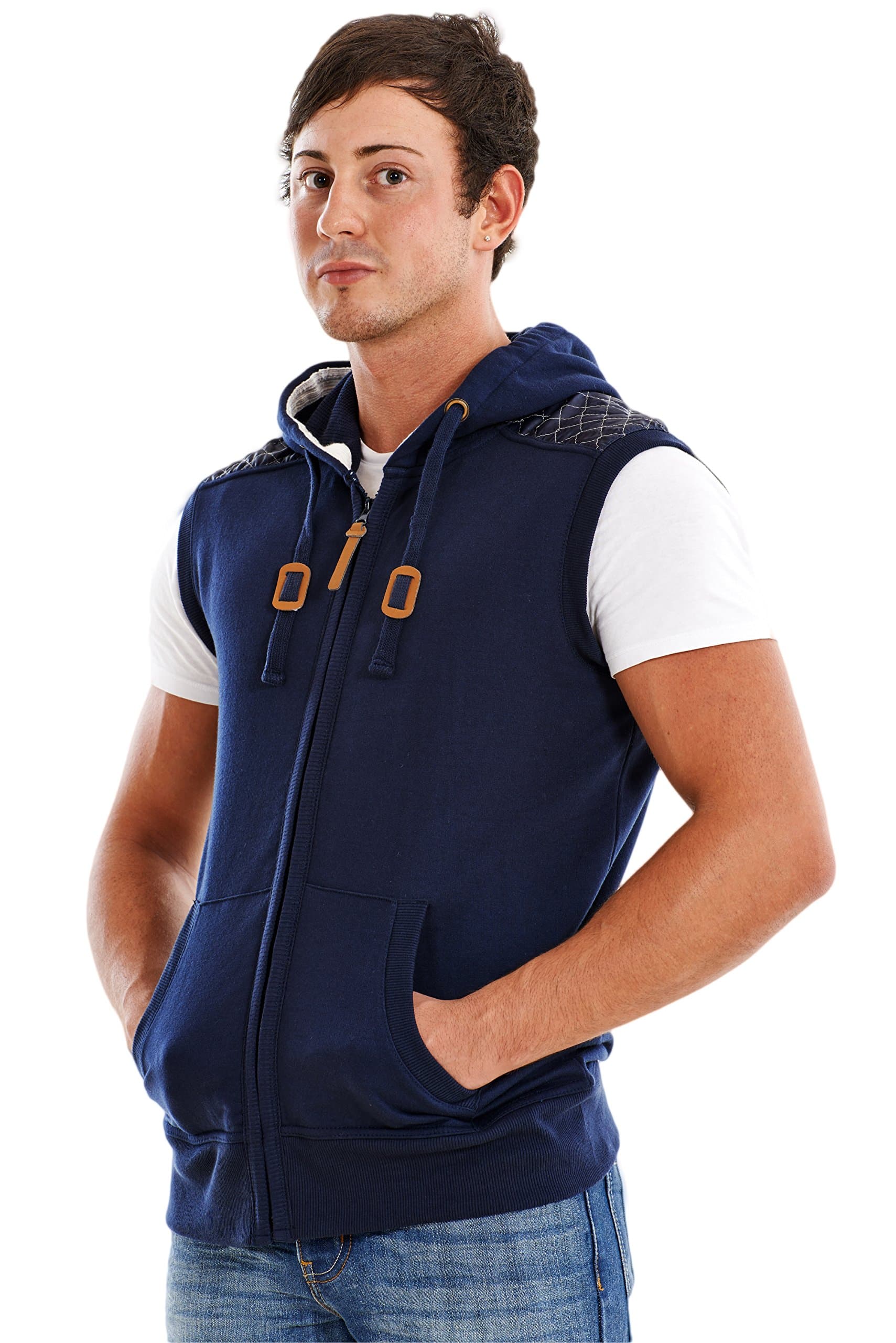 Mens Hoodie Stone Edge Brand Sleeveless Shoulder Patch Fleece Sweatshirt Hoody Sizes from S-XXL Navy