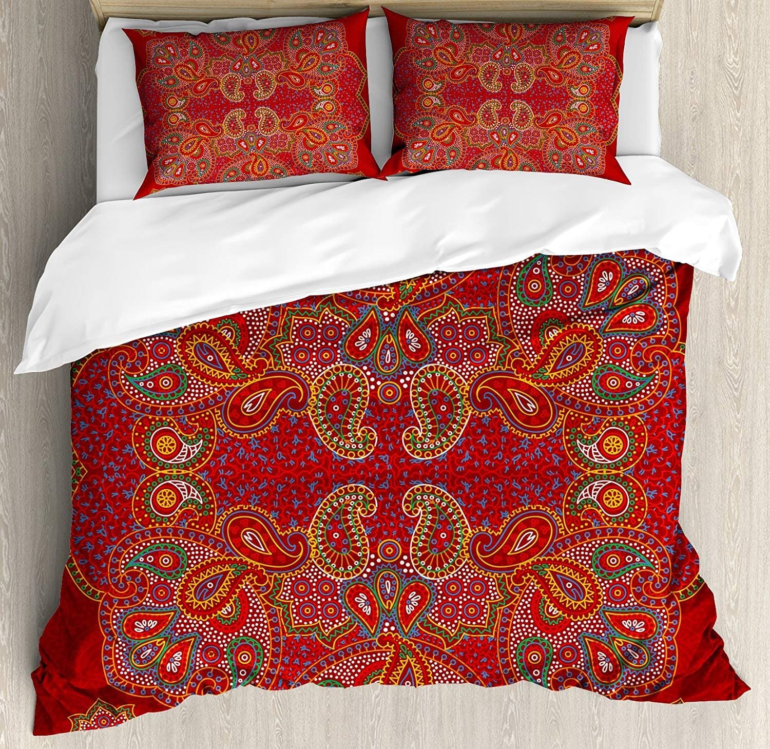 Red Mandala Luxury 4 Piece Bedding Set Queen Size, Moroccan Persian Design Oriental Rectangular Paisley Floral Print, Duvet Cover Set Quilt Bedspread for Kids/Teens/Adults,Burngundy Blue and White