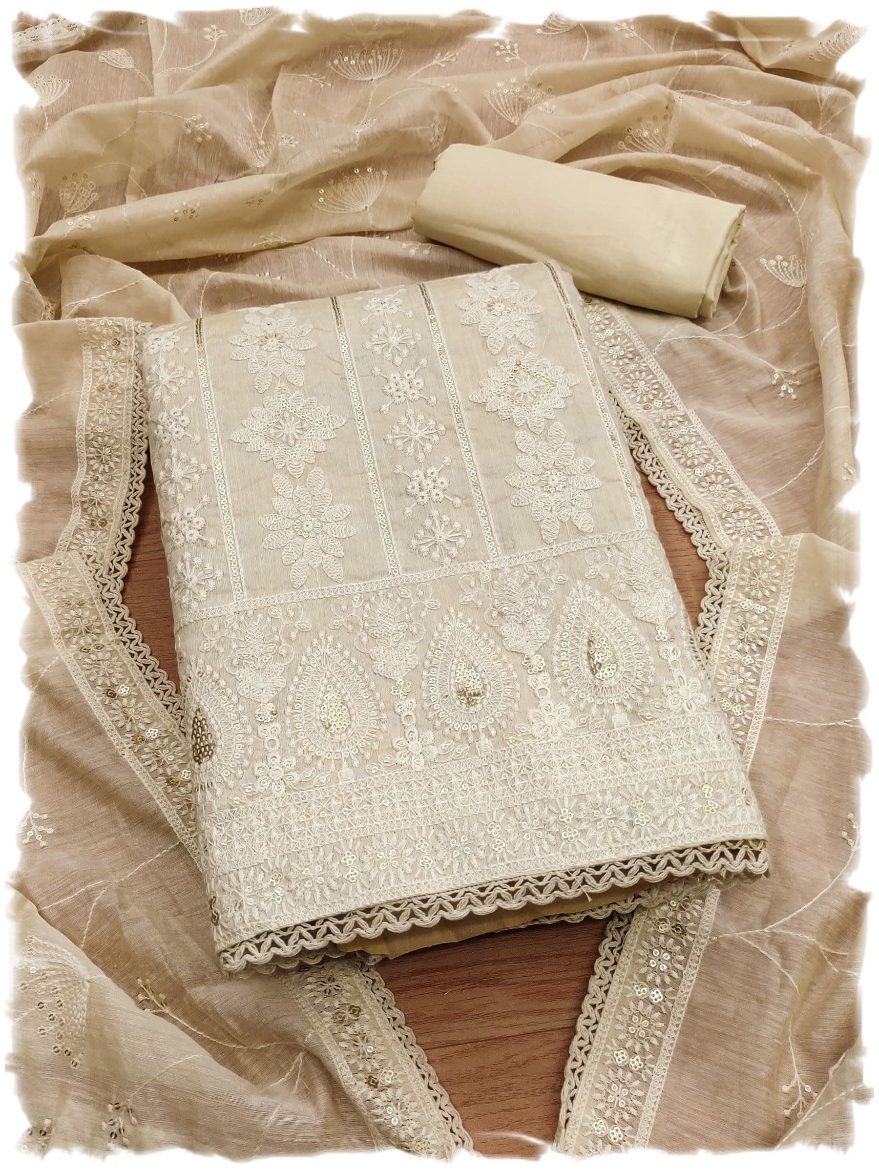 Women's Elegant Lucknowi Work with Modal Cotton Chanderi and Embroidered Dupatta Unstitched Dress Material