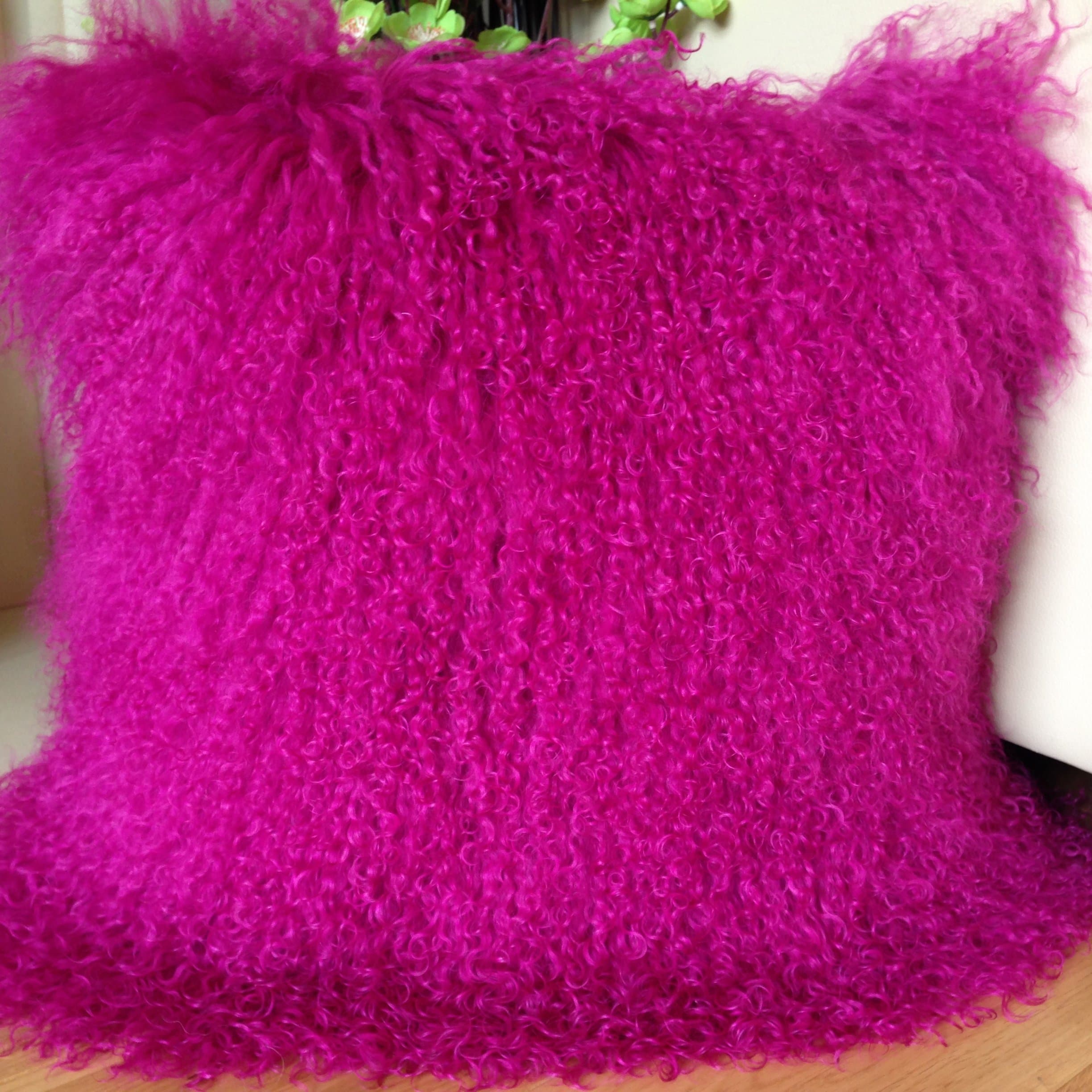 SobeautifurSolid Pink 40cm x 40cm Genuine Mongolian Sheepskin Long Lamb Wool Fur Cushion With Duck Feather Pad