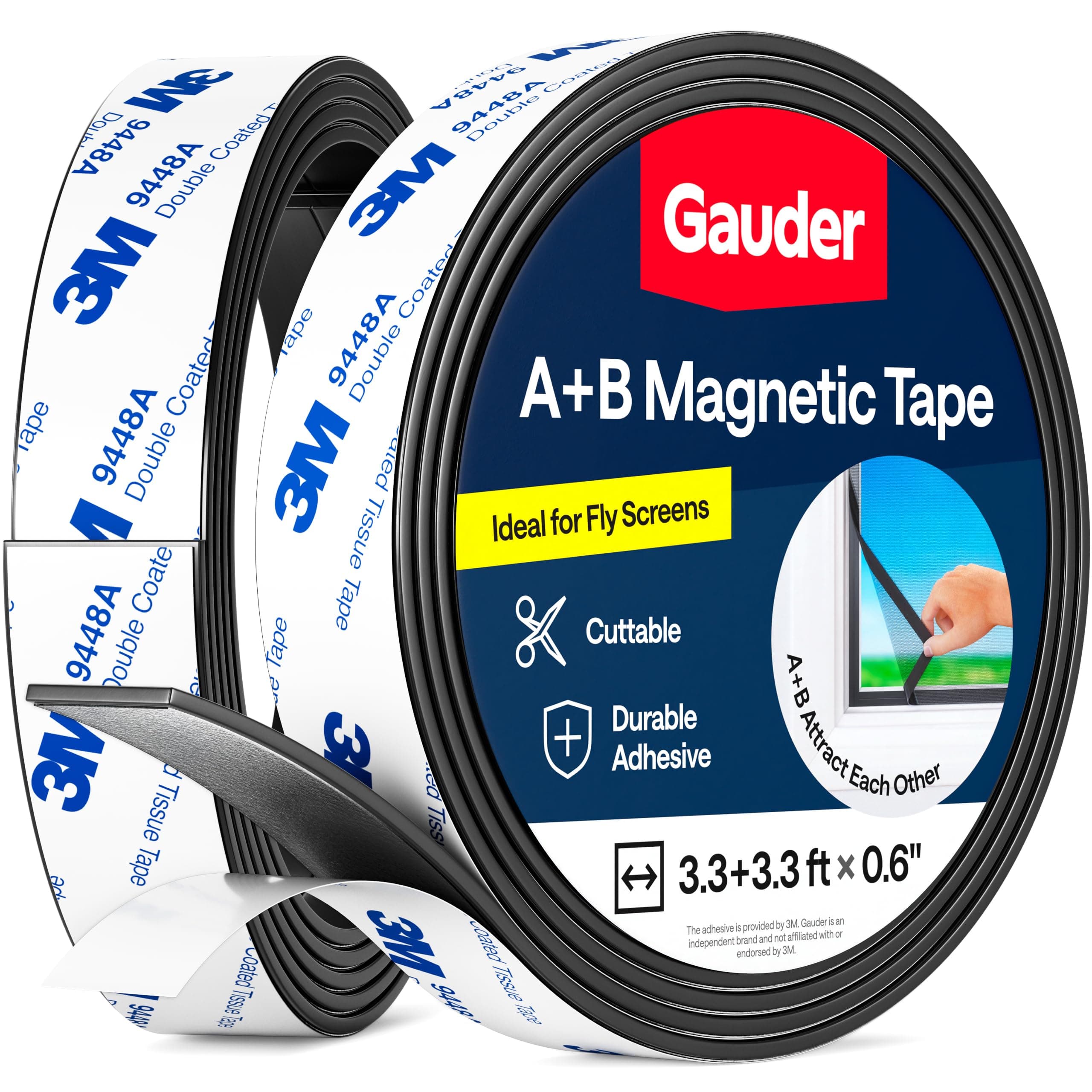 GAUDER A+B Magnetic Tape I Magnetic Strips with Adhesive Backing for Fly Screen & More | Magnetic Tape Roll (3.3 ft + 3.3 ft)