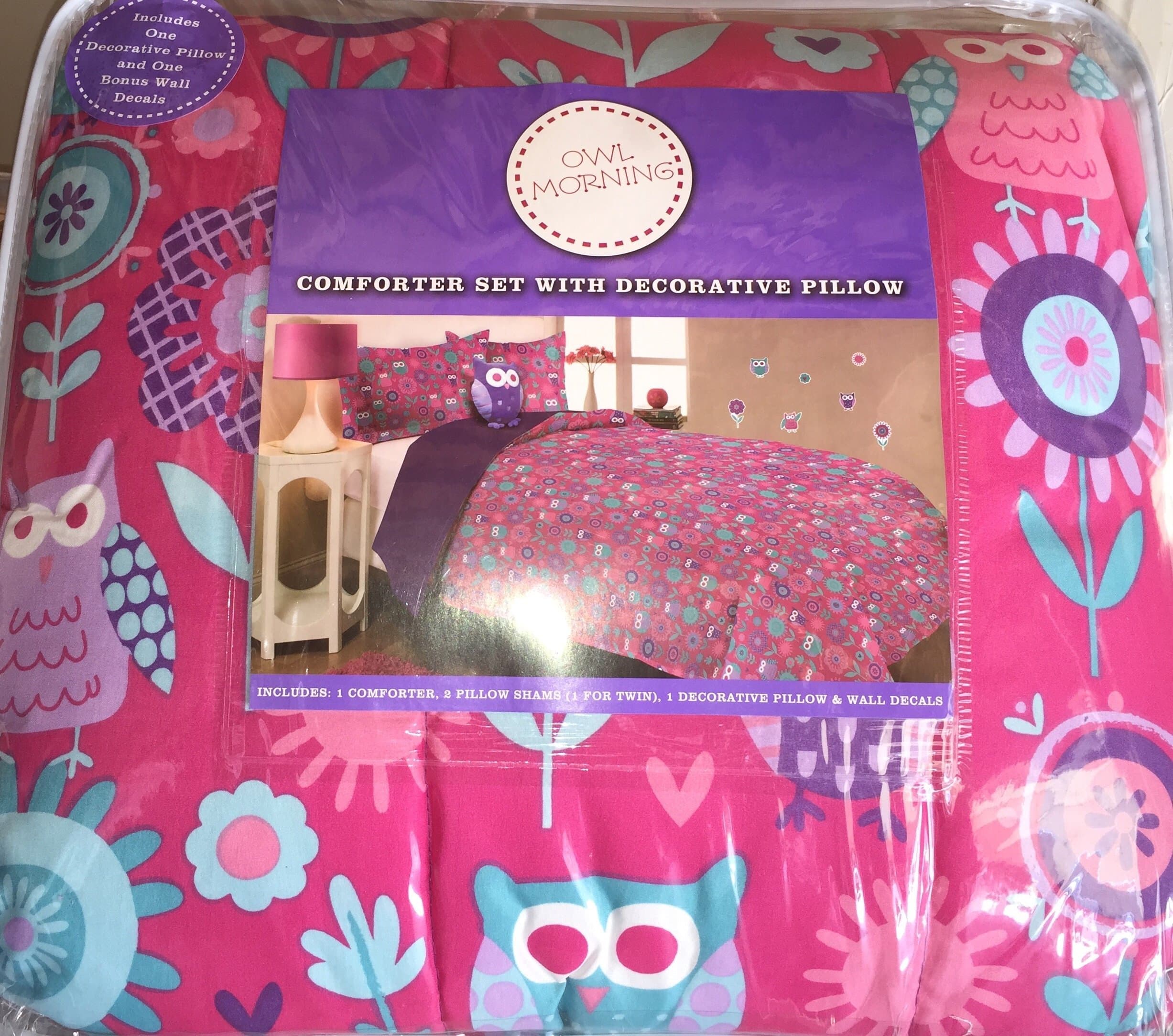 Mytex 4 PC Twin Comforter with Sham, Decorative Pillow and Wall Decals, Morning Owl