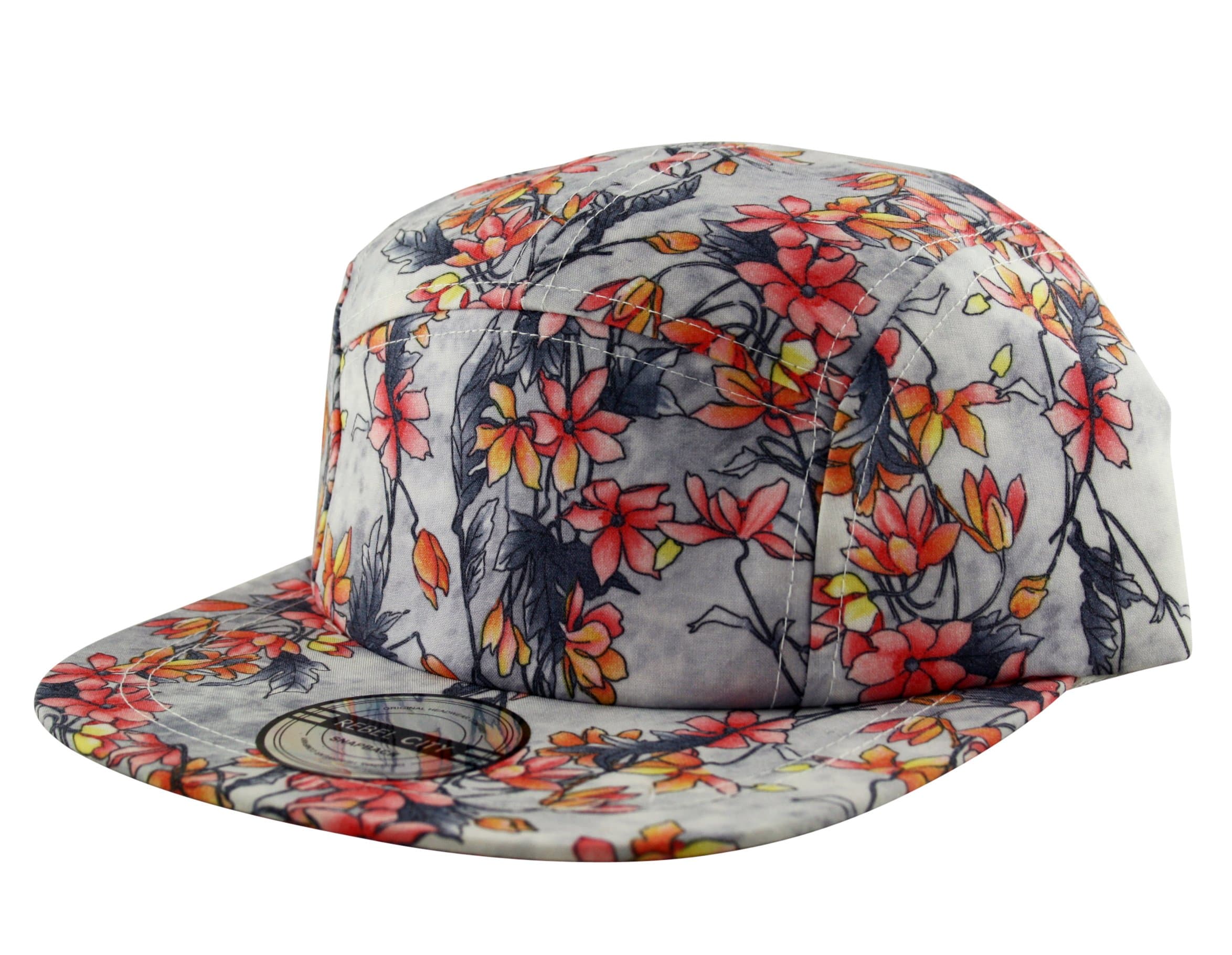 Leafy All Over Print Snapback 5 Panel Flat Peak Cap Hat in Grey Pink