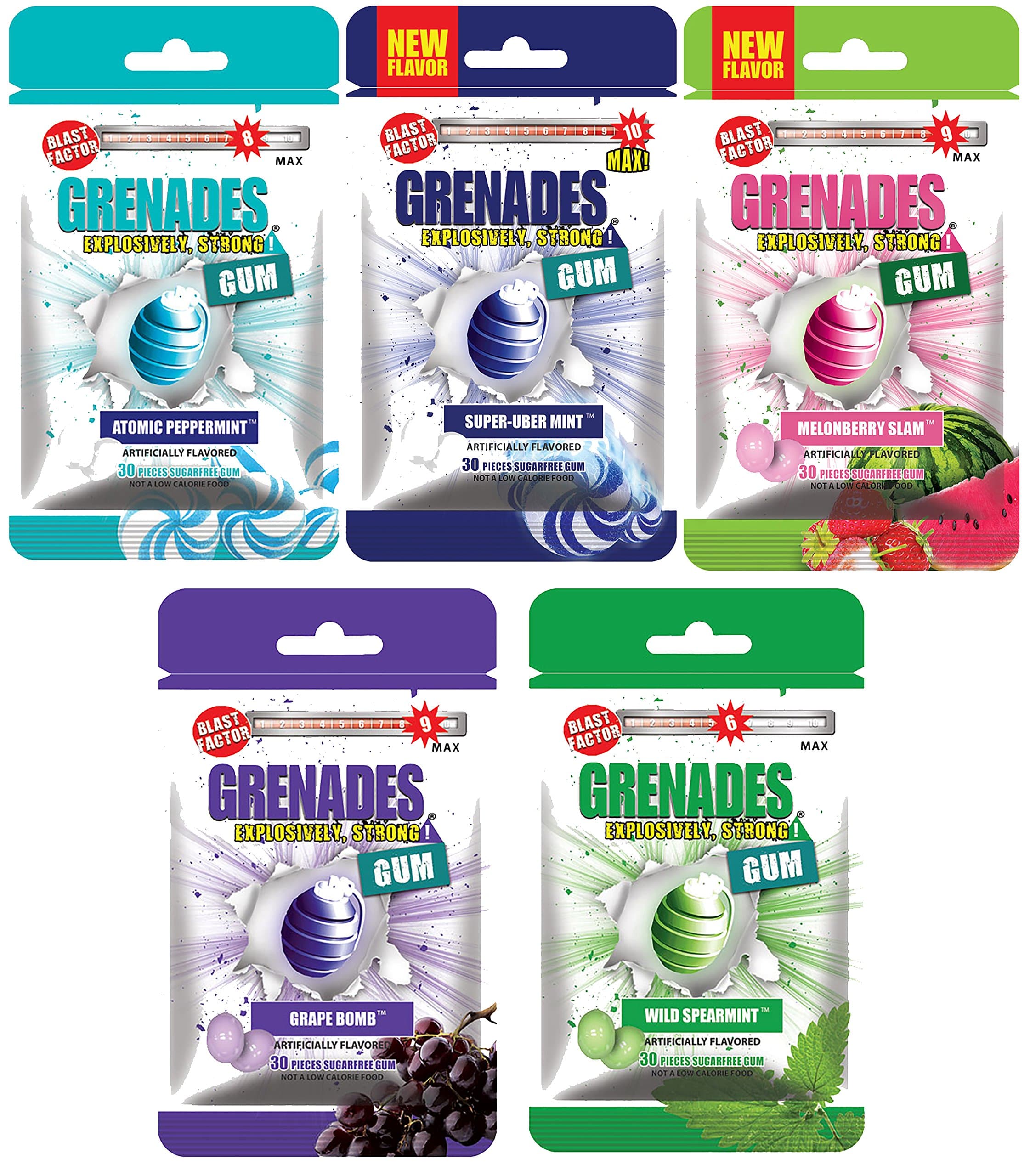 GUM Explosively Strong Sugar-Free Gum - Intense Minty Blast That'll Blow You Away - Nose Blasting Power & Breath Freshener - Fruit & Mint Variety Pack of 5 (150 Pieces)
