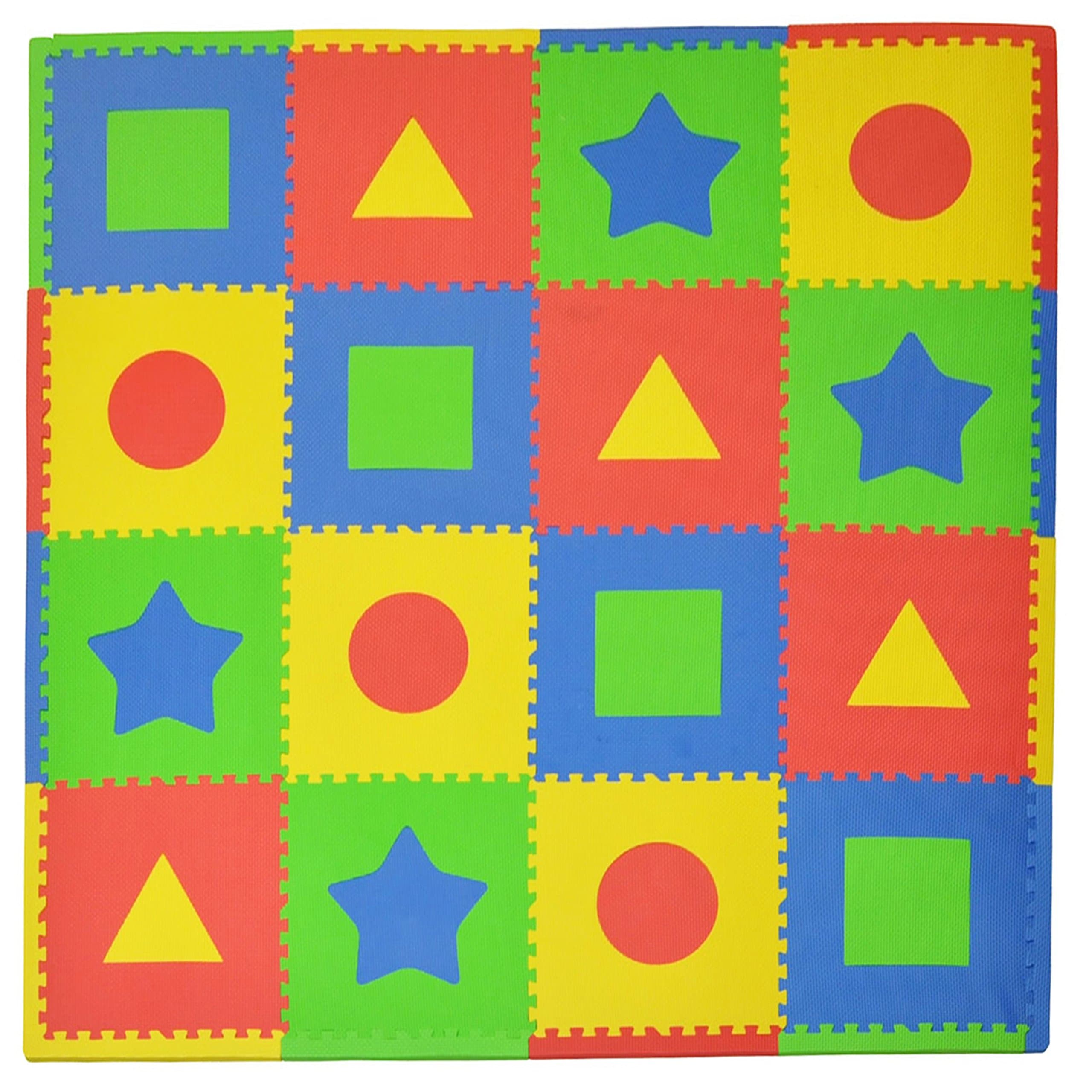 Tadpoles 16 Tiles First Shapes Foam Playmat | Interlocking Tiles with 16 Border Pieces | Soft EVA Foam | Safe & Durable | Total Floor Coverage of 50” x 50” | Kids Aged 3 & Up | Multi-Primary