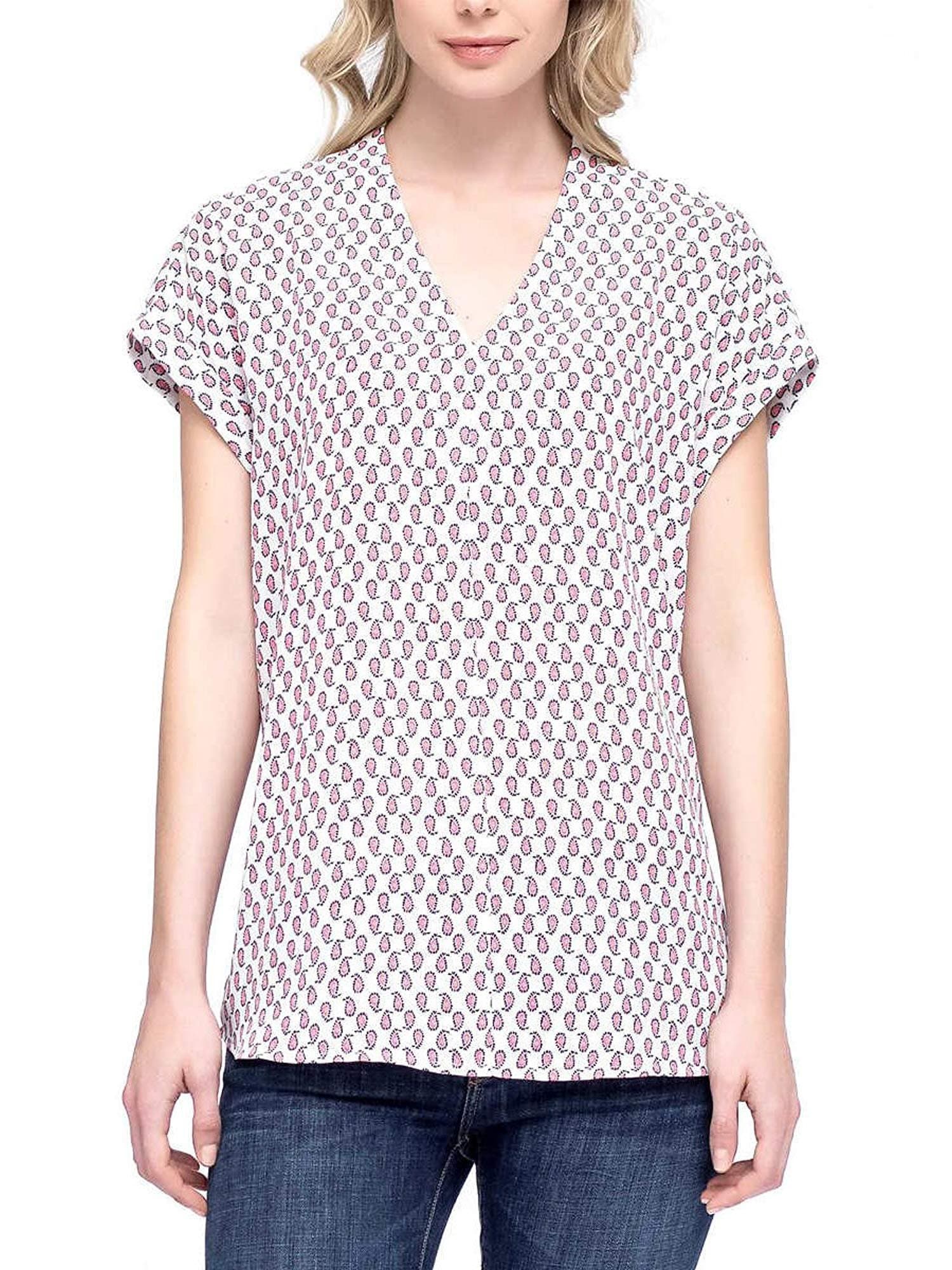 Sleeveless Button Down Henley Blouse Print Shirt with Front Chest Pocket (Ivory Dotted Balloon, Small)