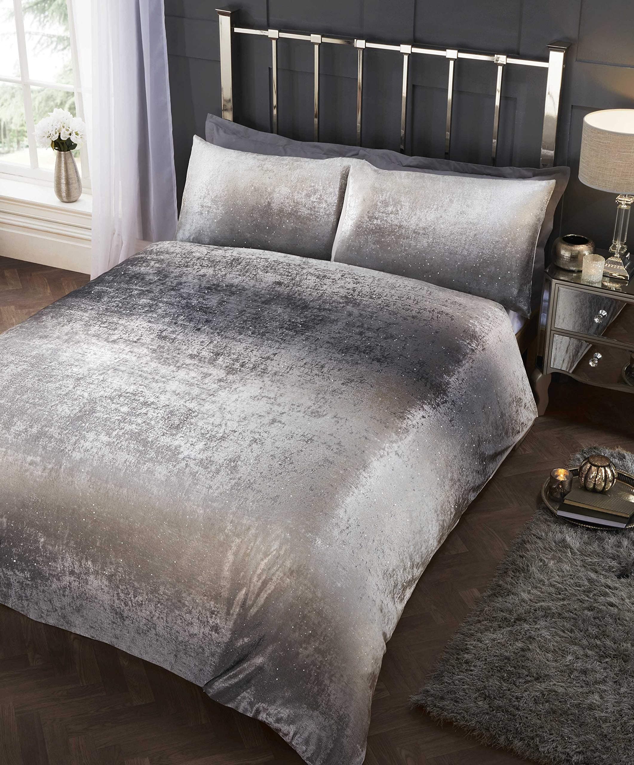 Rapport Crushed Velvet Shimmer Glitter Duvet Cover Bed Set, Polycotton Silver, Double