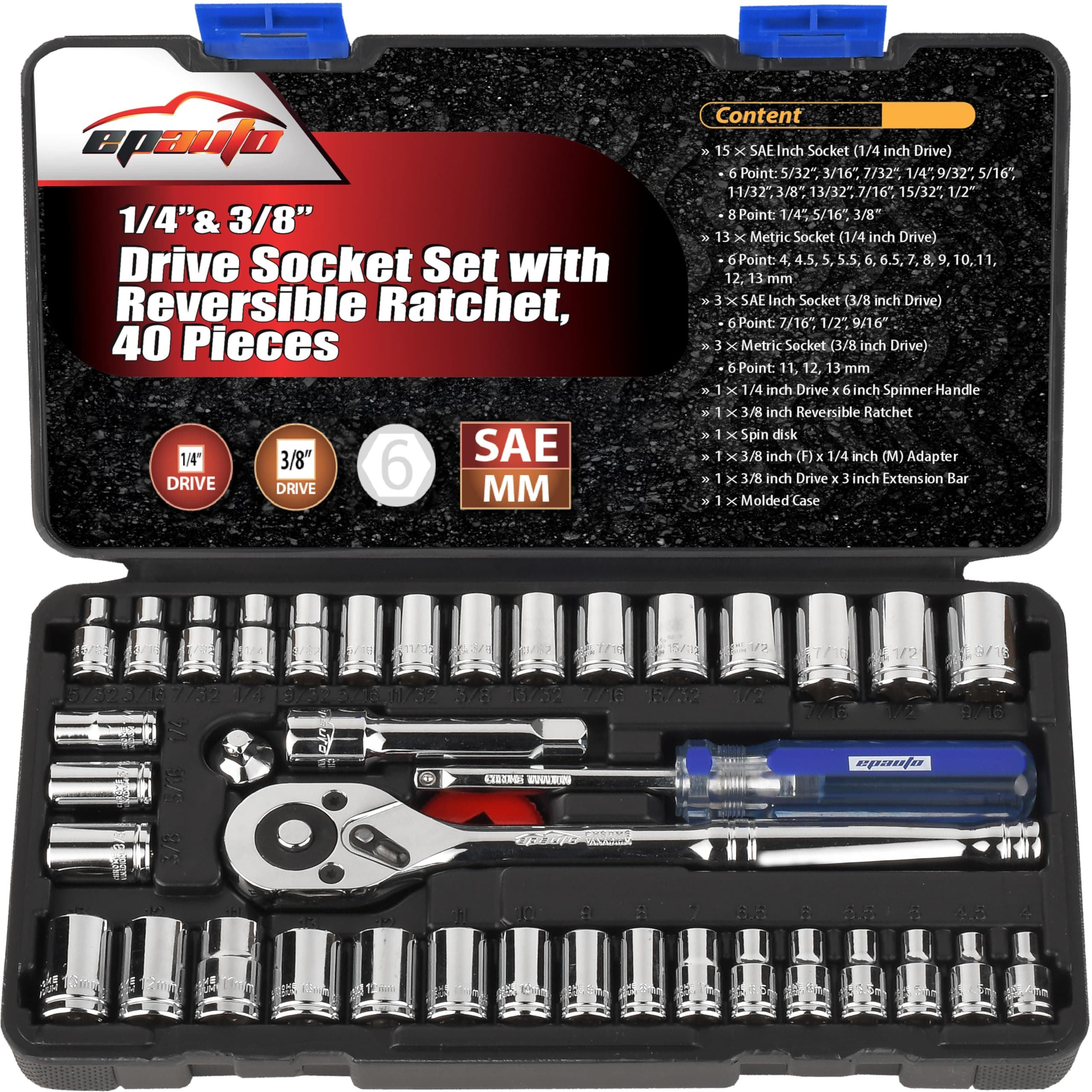EPAuto 40 Pieces - 1/4-Inch & 3/8-Inch Drive Socket Set with Reversible Ratchet
