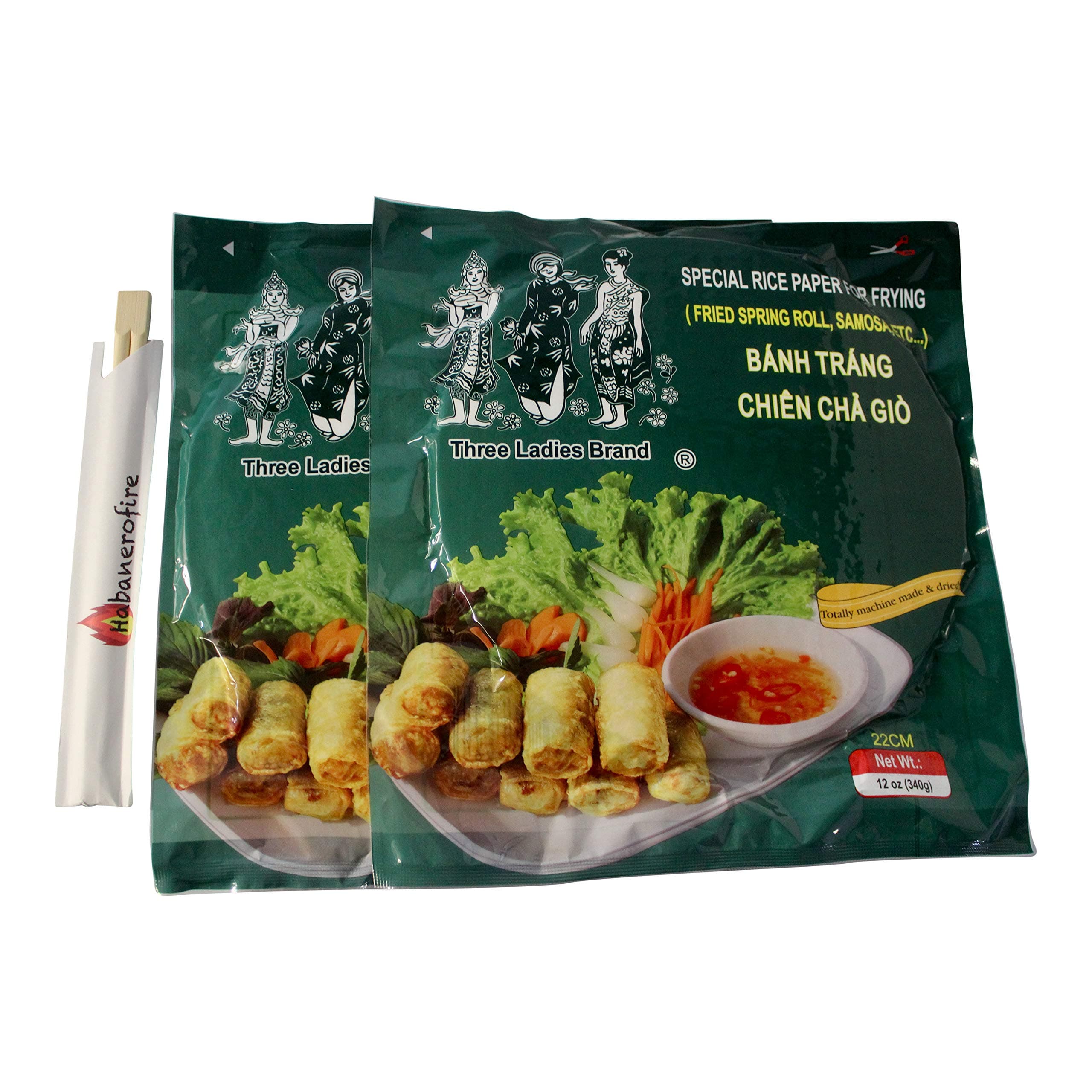 Habanerofire Three Ladies Brand Rice Paper Sheets for Spring Rolls, 22cm Round, [Pack of 2] with Habanerofire Chopsticks
