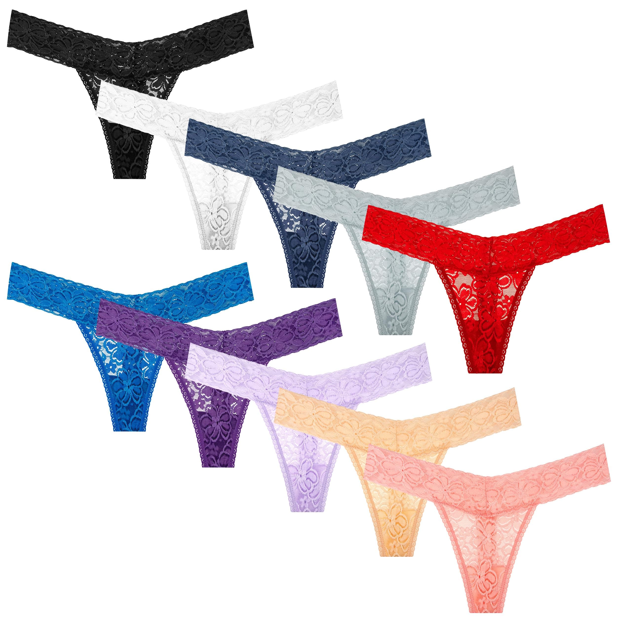 PmrxiPack 10 Seamless Lace Thongs for Women Plus Size Breathable Panties Low Rise T-back Stretch Cotton No Show Underwear