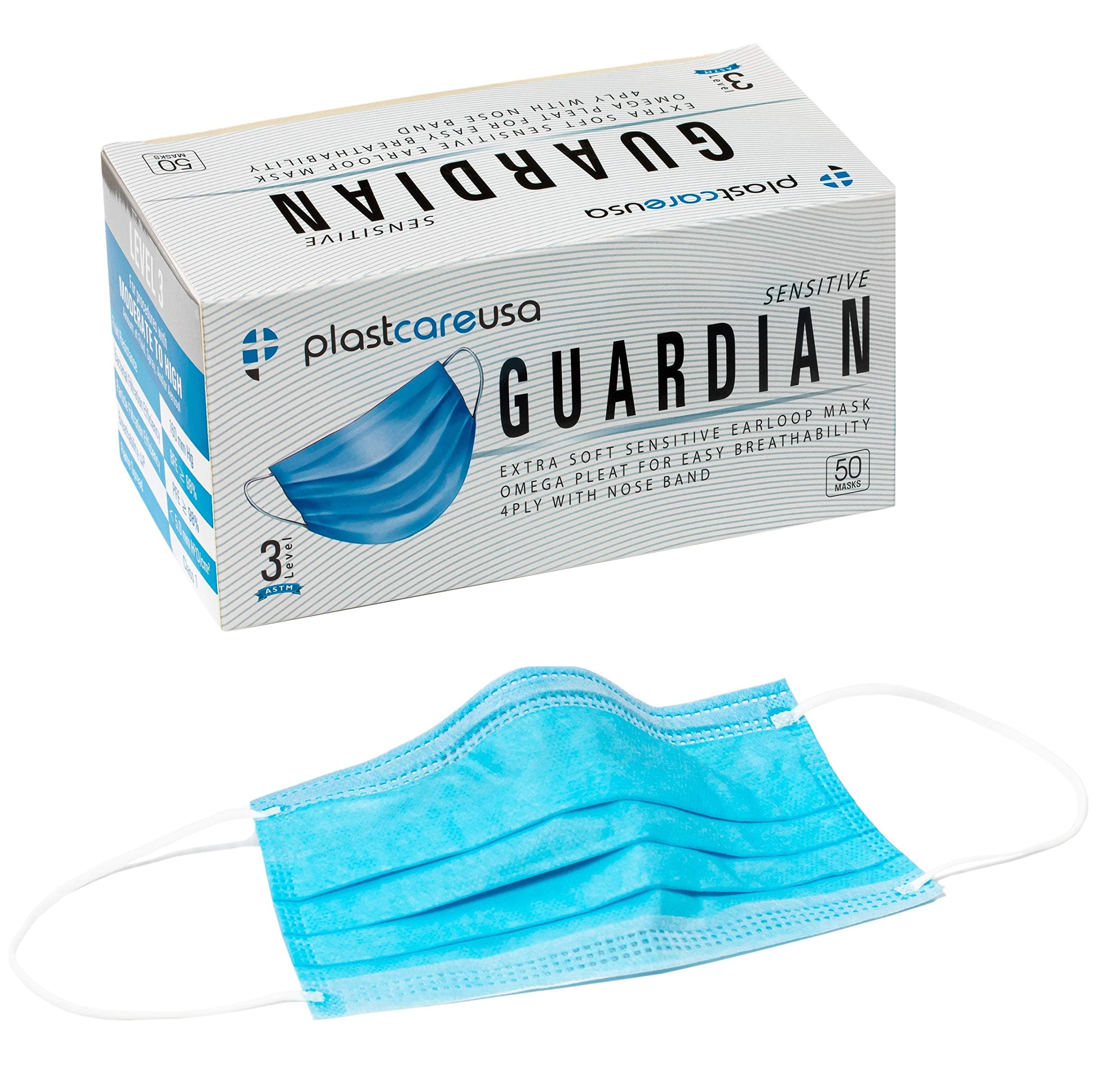 PlastCare USA100 4-Ply ASTM Level 3 Face Masks, Disposable (Blue) (2 Boxes of 50)