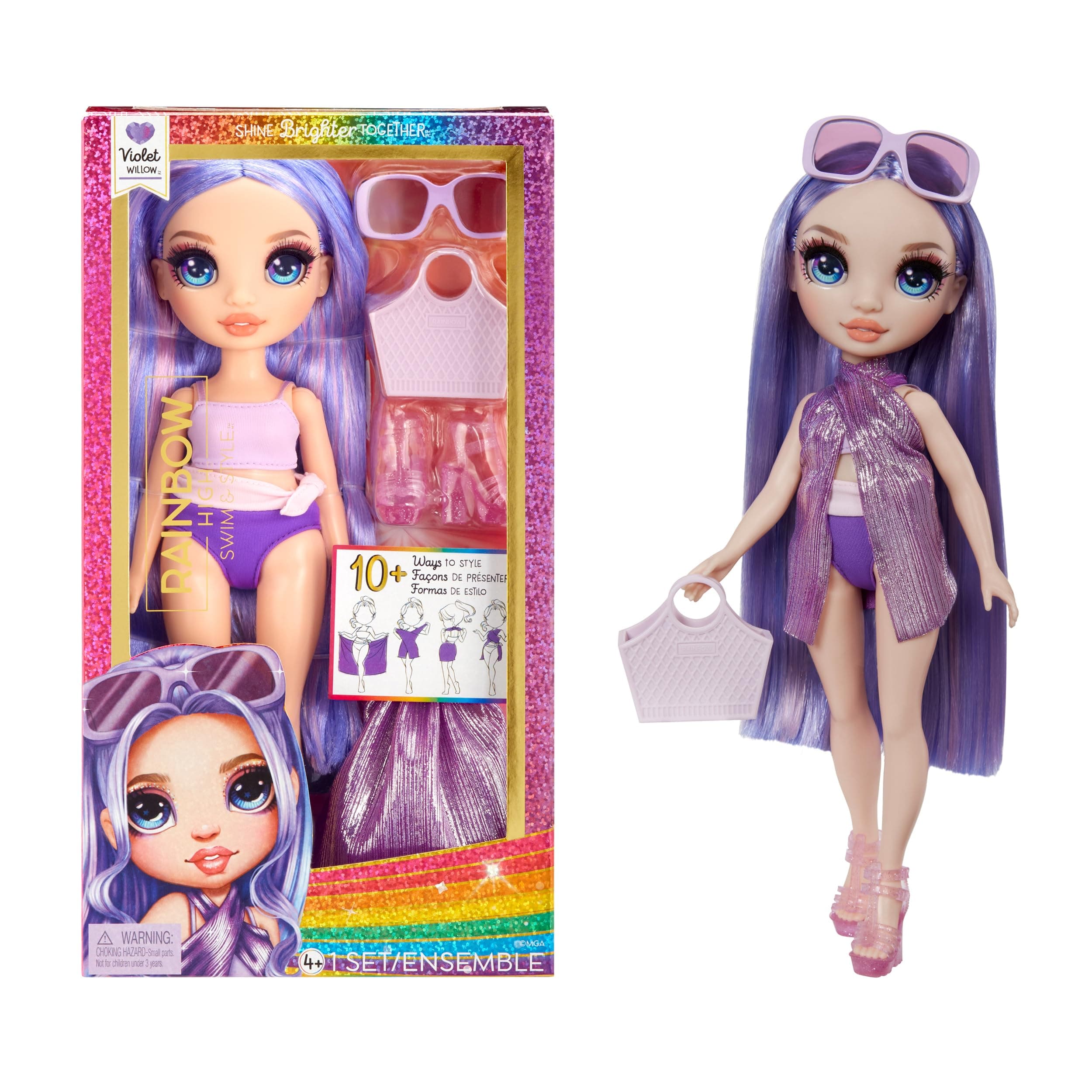 Swim & Style - Purple (Purple) - 28cm Doll with Shimmering Pareo to Wear More than 10 Ways - Swimsuit, Sandals, Accessories - Toy for Kids - For Ages 4-12