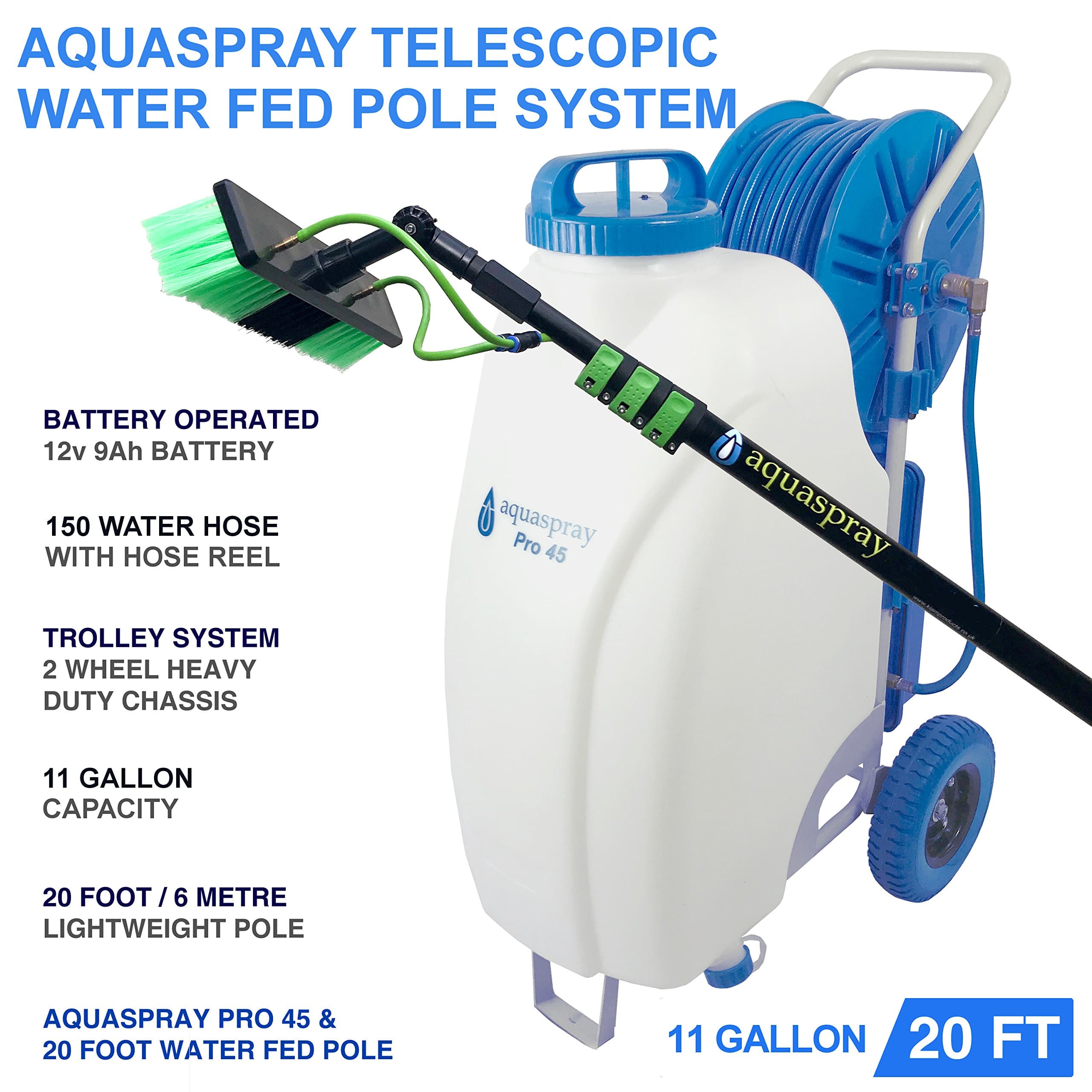 Window and Solar Panel Cleaning System 11 Gallon Water Tank and Water Fed Pole (TANK + 20 FT POLE)